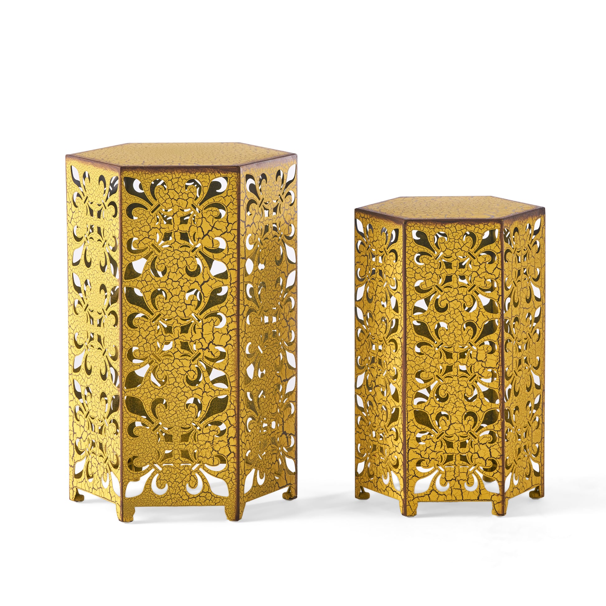 Antique gold hexagonal lantern with ornate filigree cutouts  characters