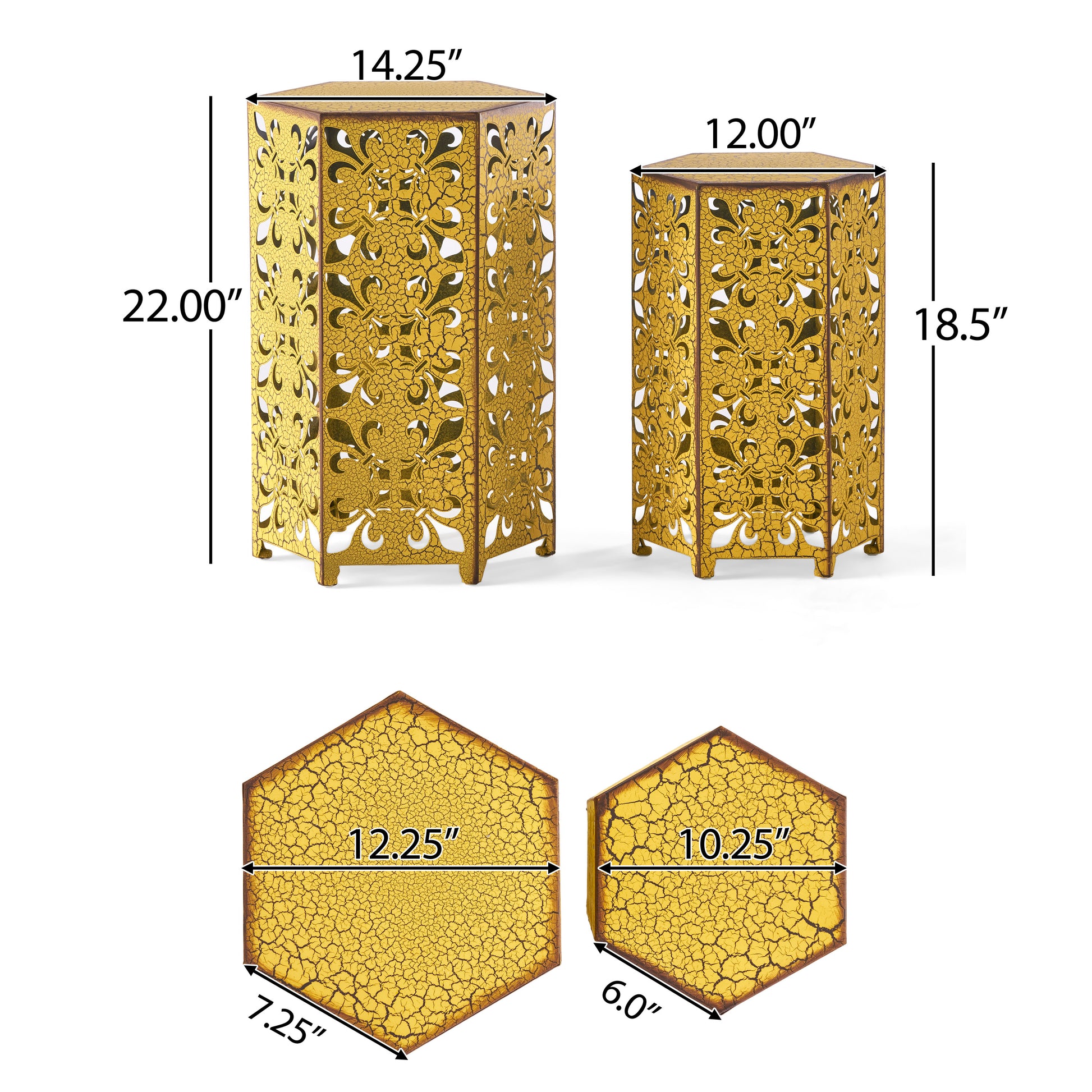 Two antique gold metal accent tables with ornate cutouts one taller than the other