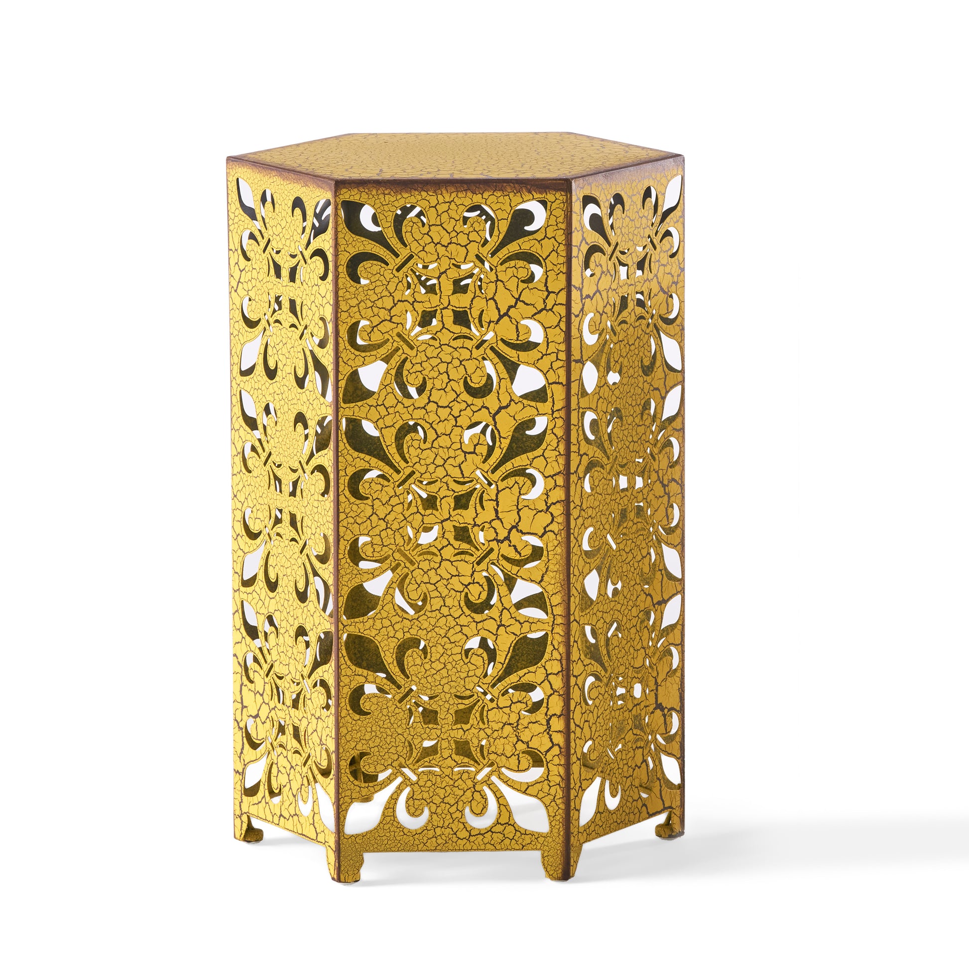 Hexagonal gold lantern with distressed finish and cutout floral pattern perfect for ambient lighting