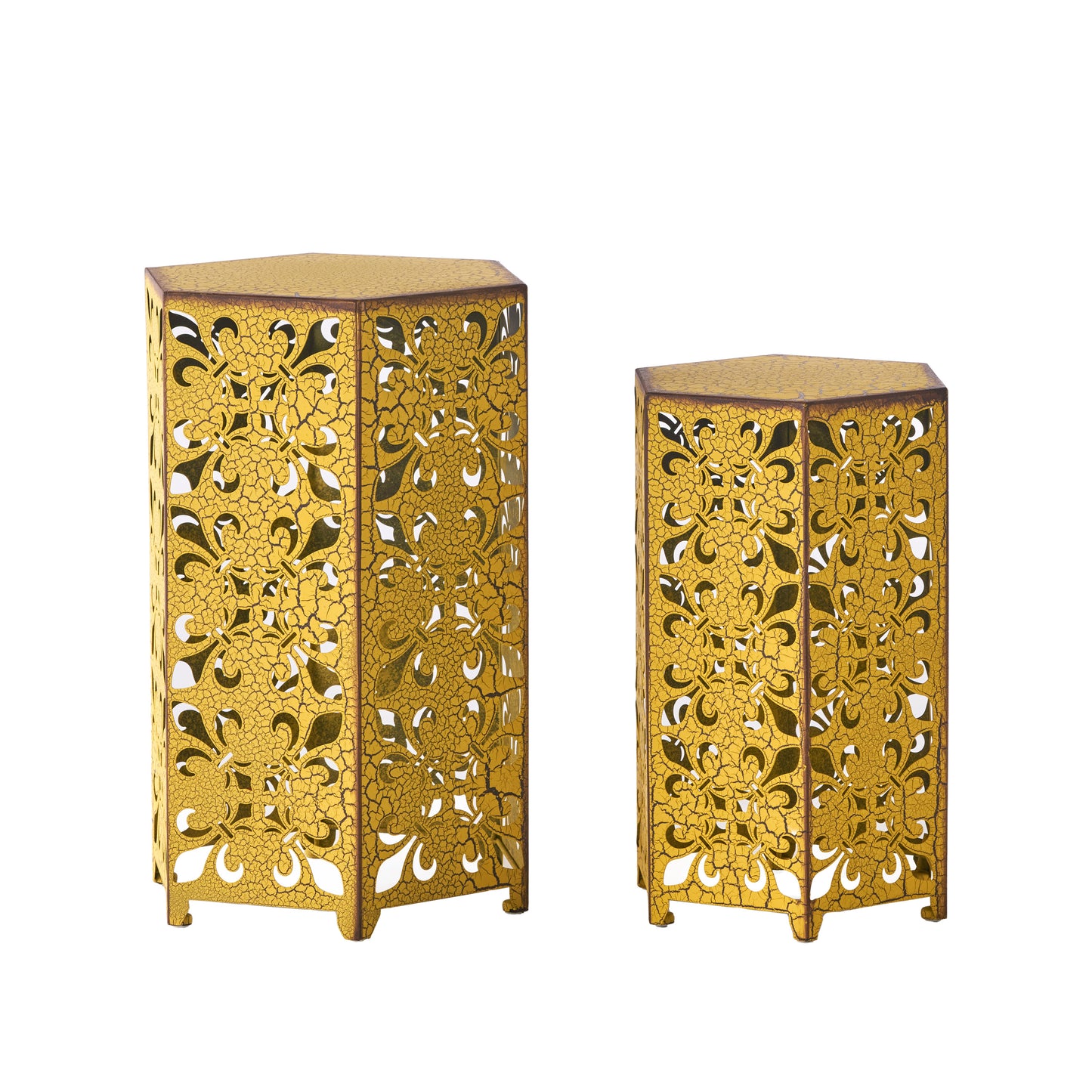 Ornate gold metal lantern with decorative cutouts and distressed finish