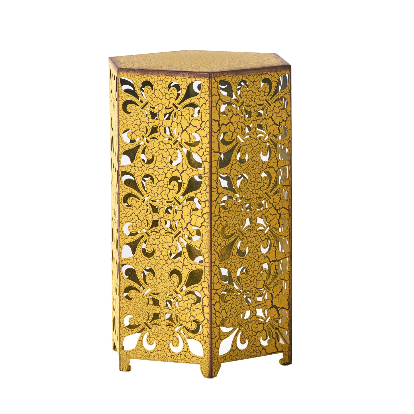Hexagonal gold lantern with ornate lasercut pattern for ambient home decor