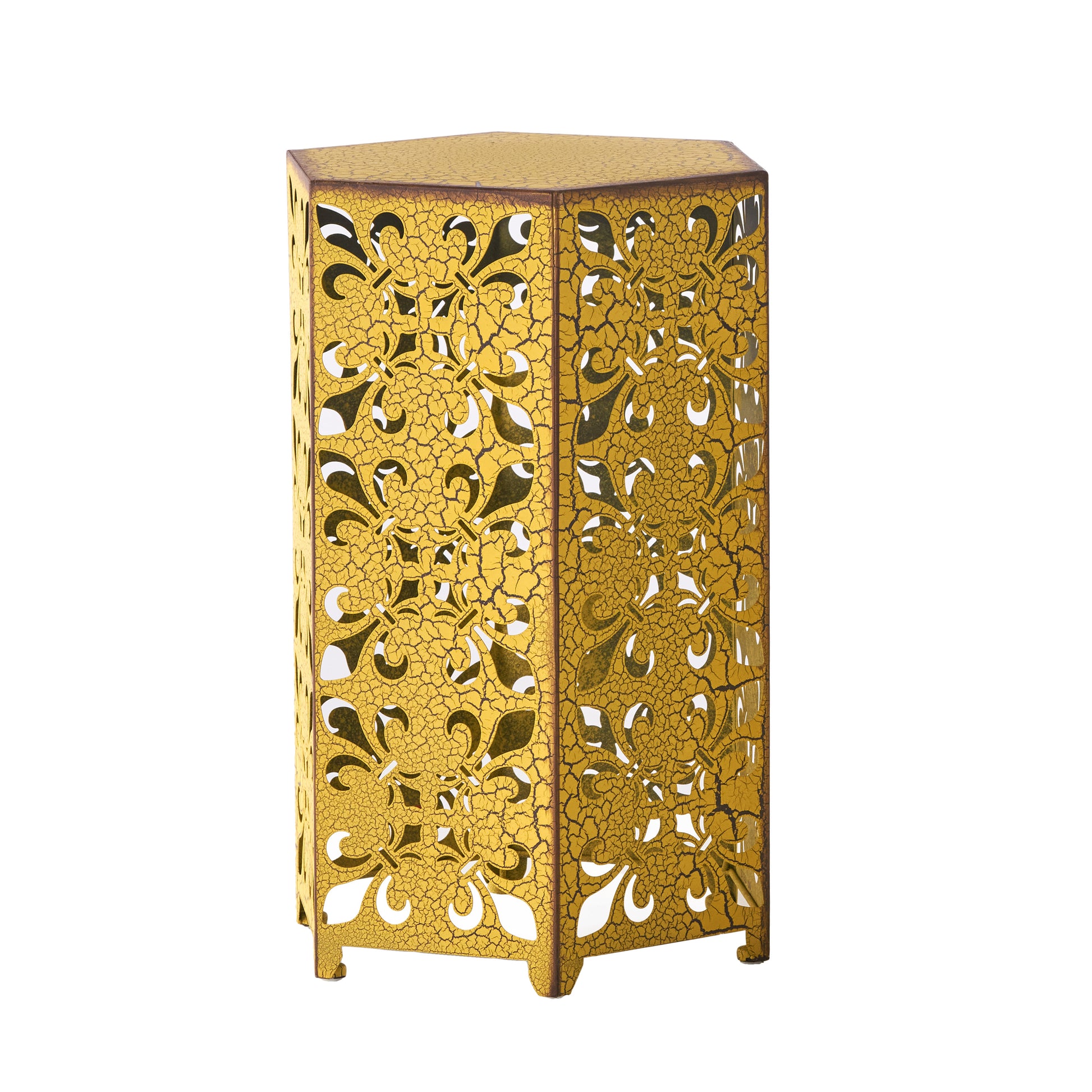 Hexagonal gold lantern with ornate lasercut pattern for ambient home decor