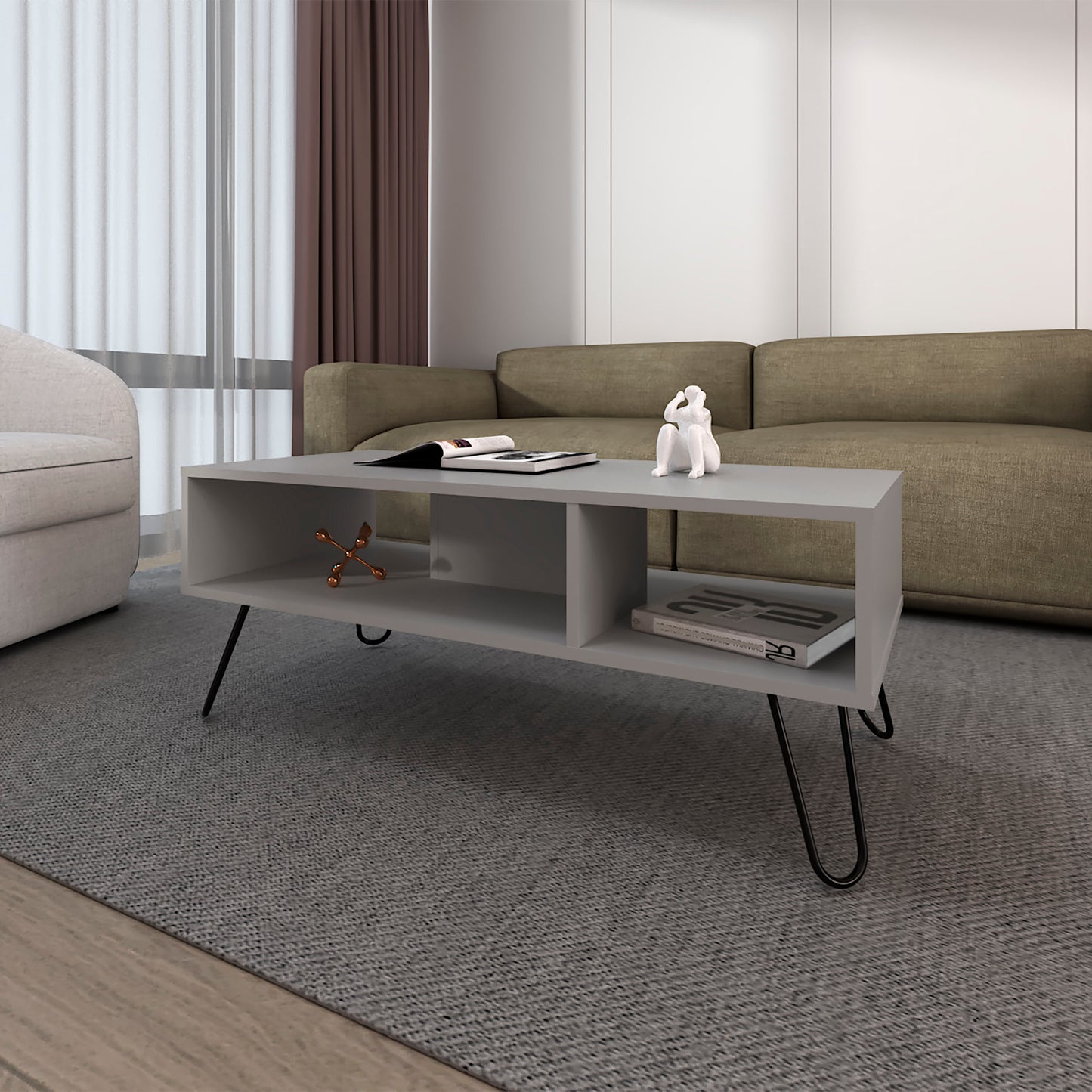 Minimalist grey coffee table with open storage and hairpin legs