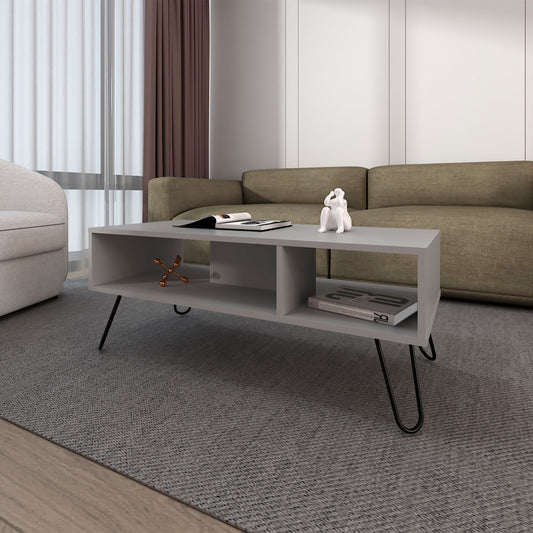 Minimalist grey coffee table with open storage and hairpin legs