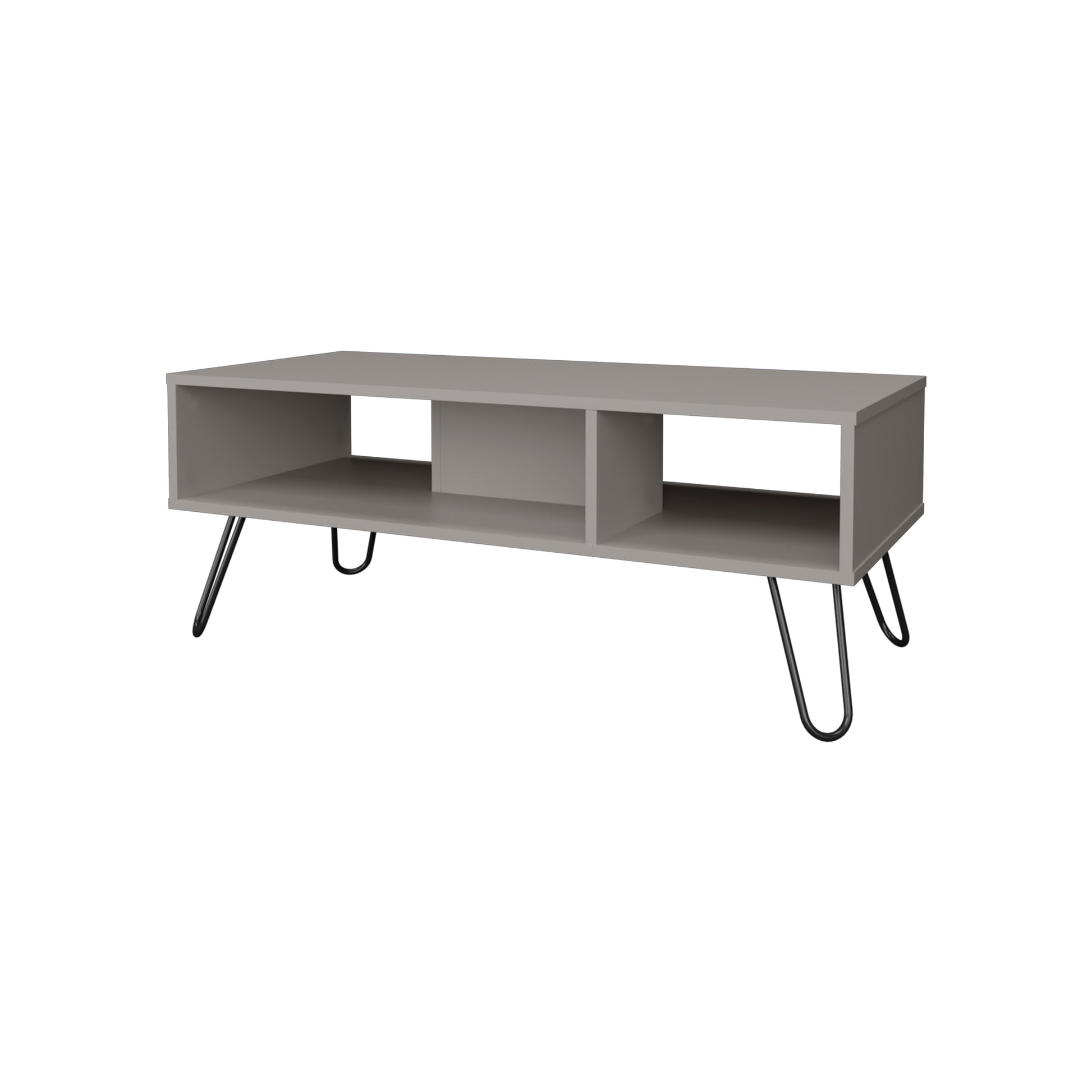 Grey midcentury modern TV stand with open shelving and hairpin legs perfect for media consoles
