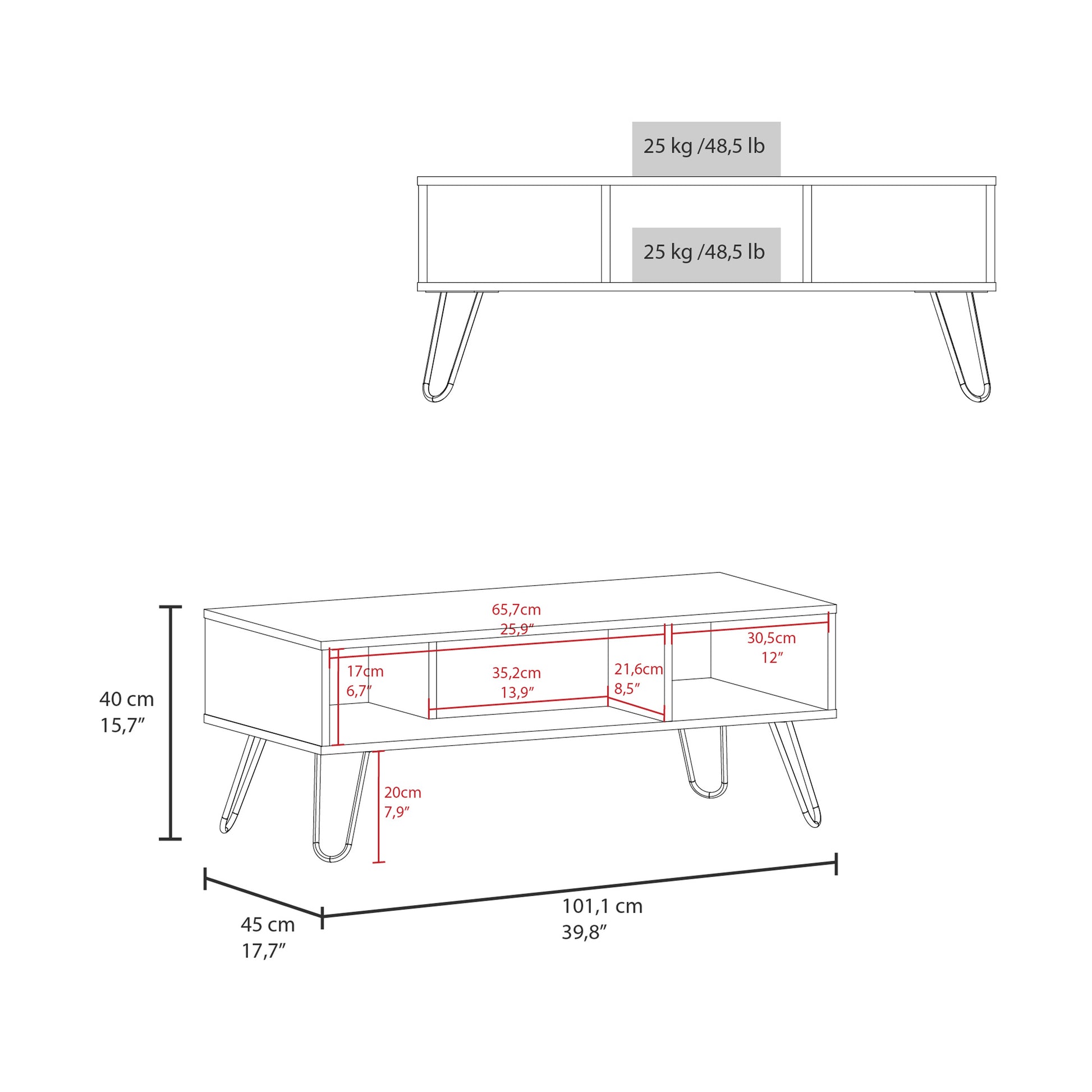 Diagram of a modern black coffee table with hairpin legs and two open storage compartments