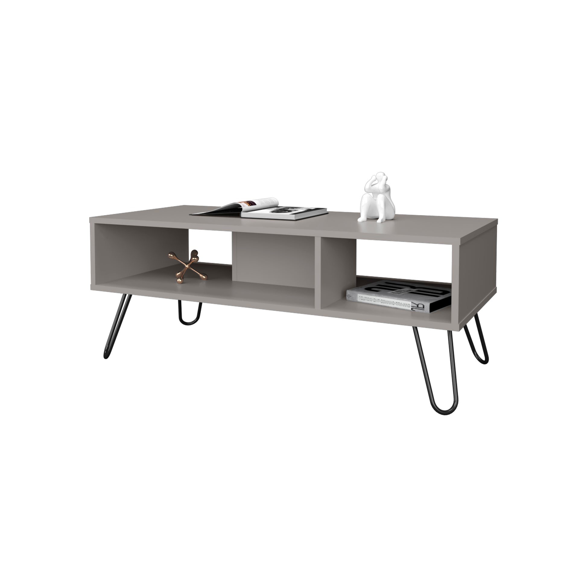 Gray modern tv stand with hairpin legs and open shelving for media consoles