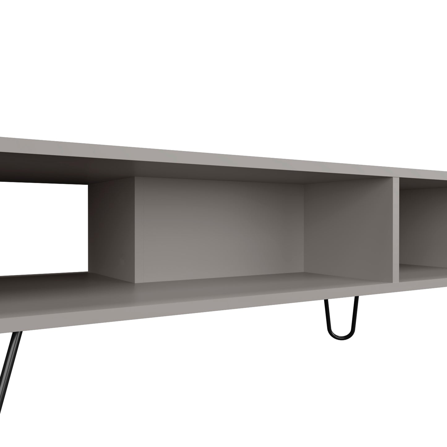 Modern gray media console with open shelving and hairpin legs