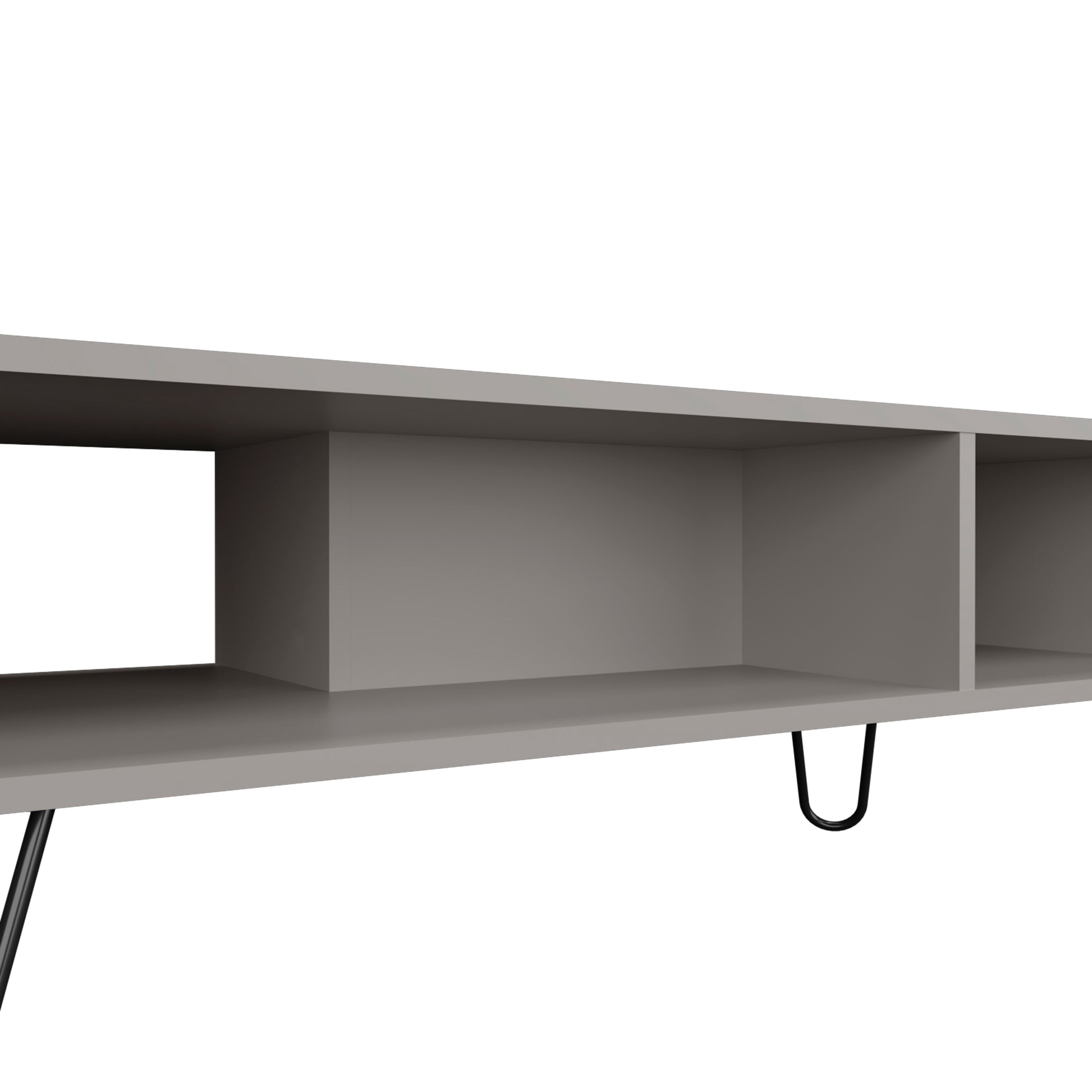 Modern gray media console with open shelving and hairpin legs