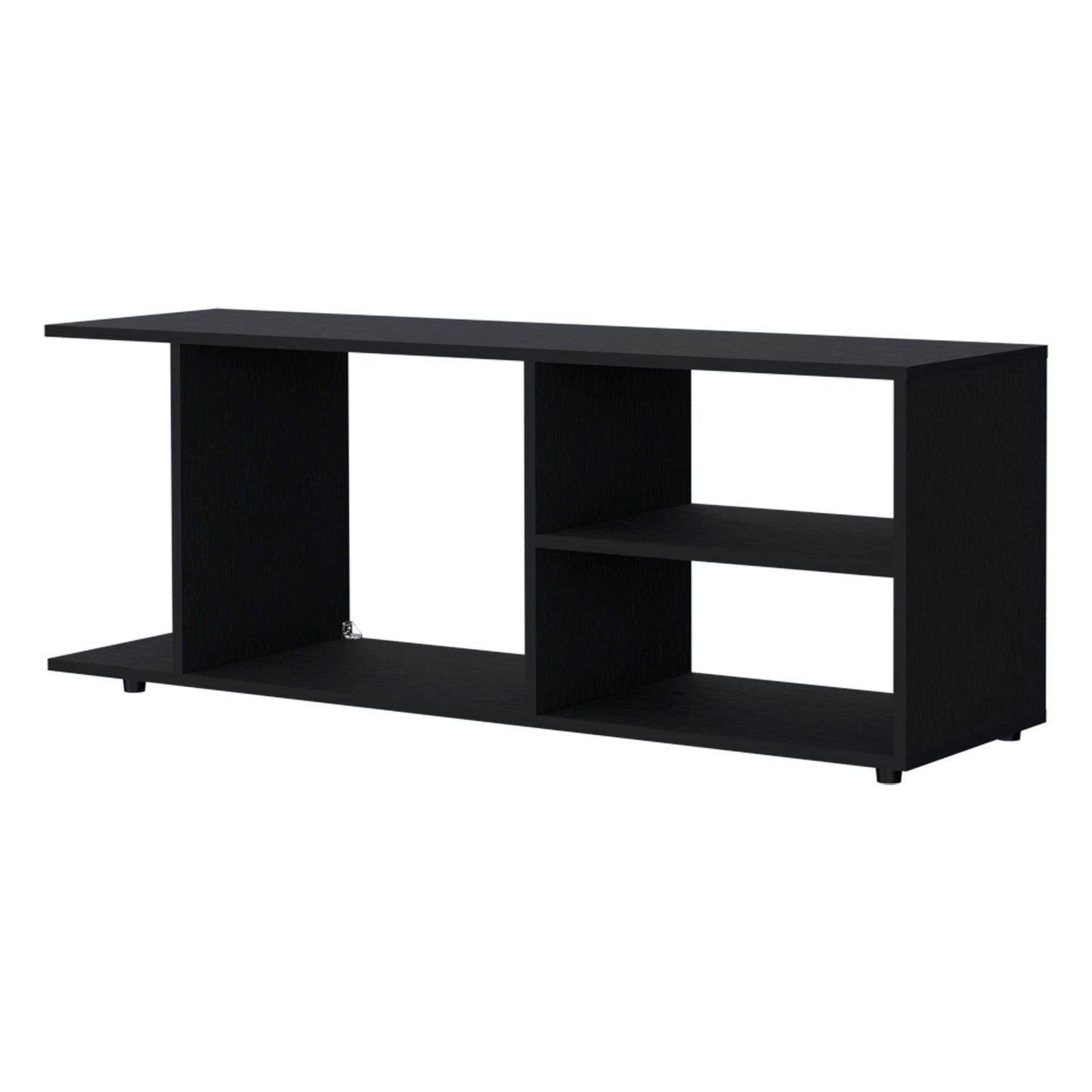 Sleek black media console with open shelving perfect for a modern living room setup
