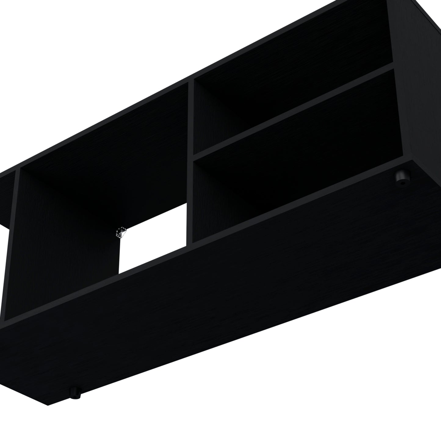 Sleek black minimalist media console with multiple open shelves for entertainment systems