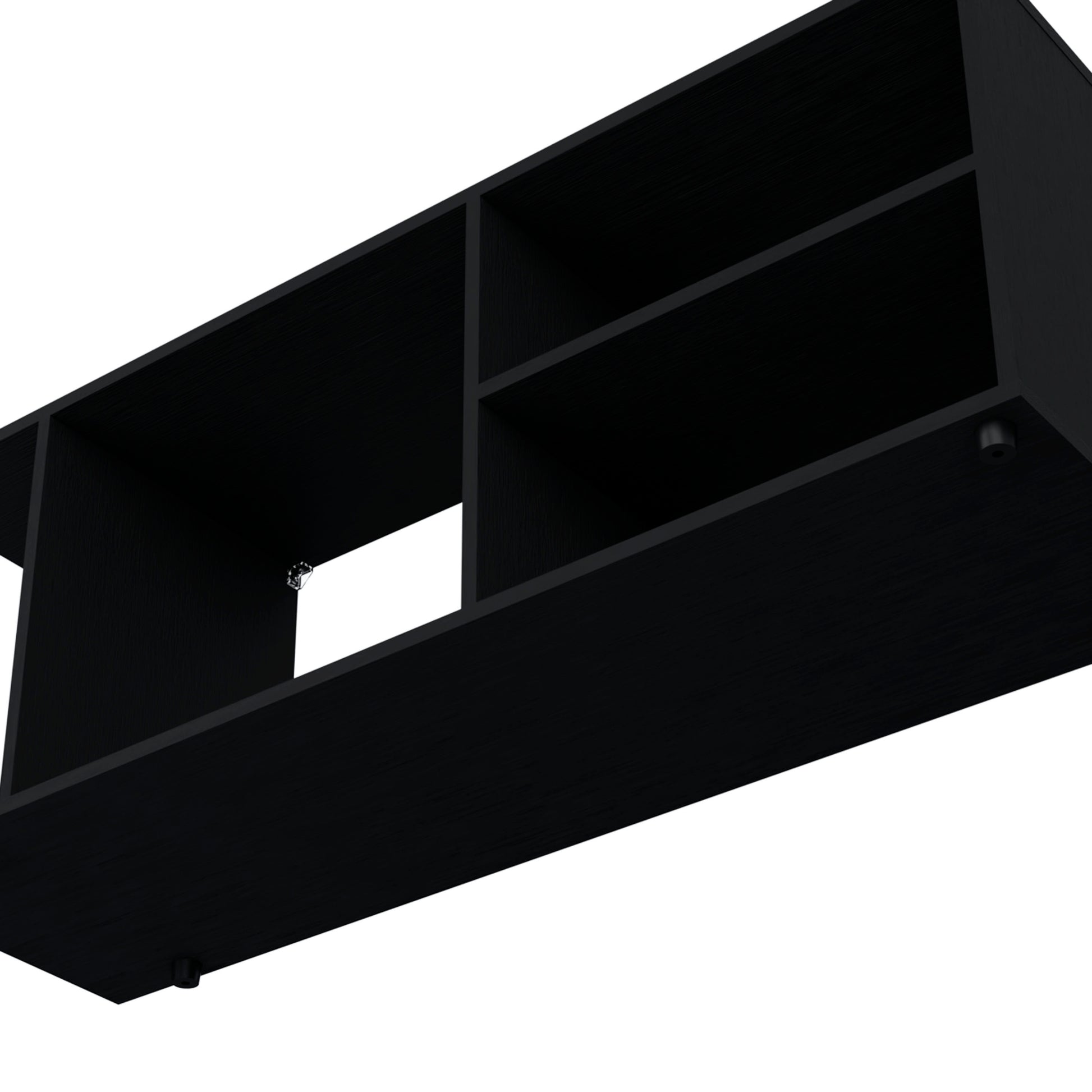 Sleek black minimalist media console with multiple open shelves for entertainment systems