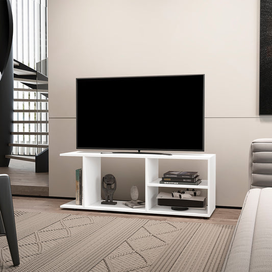 Modern white TV stand with open shelves and compartments holding a television