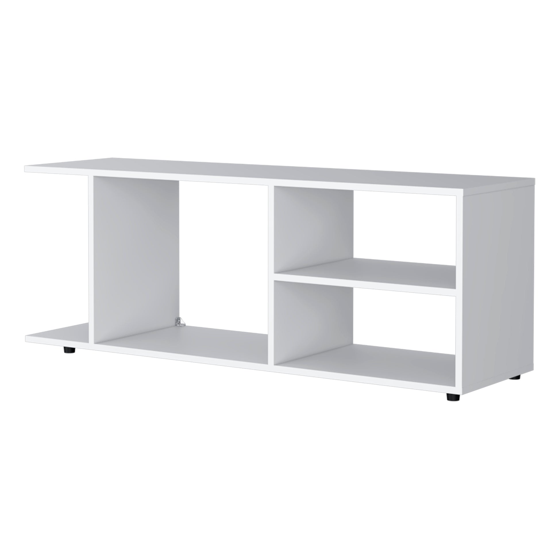 Modern white media console with open shelving and a sleek minimalist design perfect for living rooms