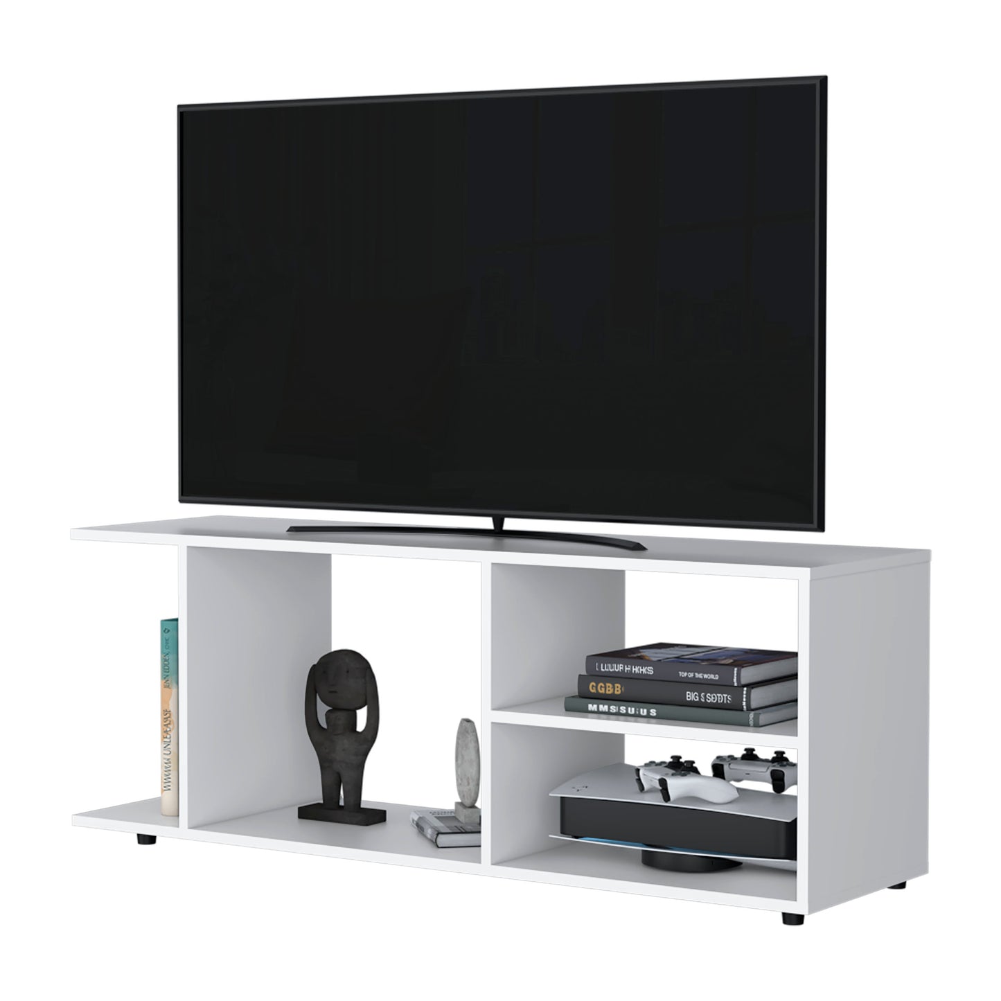 Modern white TV stand with open shelving storing books and gaming console