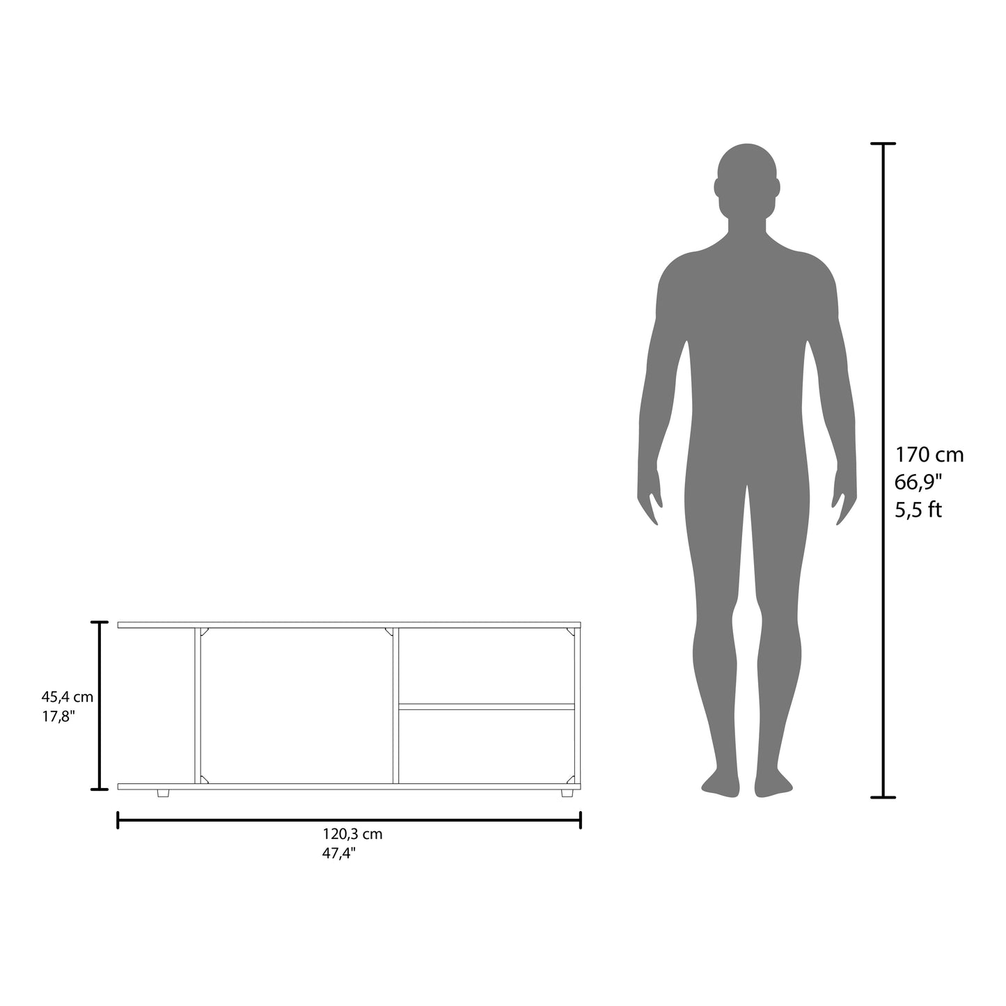 Line drawing of a modern TV stand cm wide next to a cm human silhouette for scale