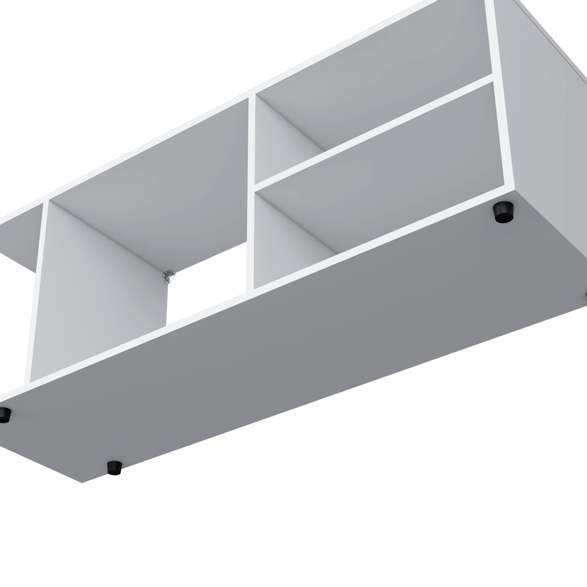 Modern white floating shelf with multiple open compartments for storage
