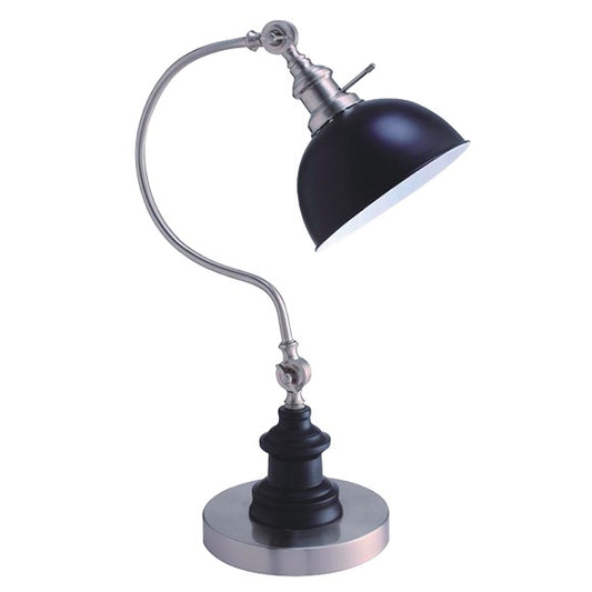 Adjustable black metal dome task lamp with brushed nickel arm and base