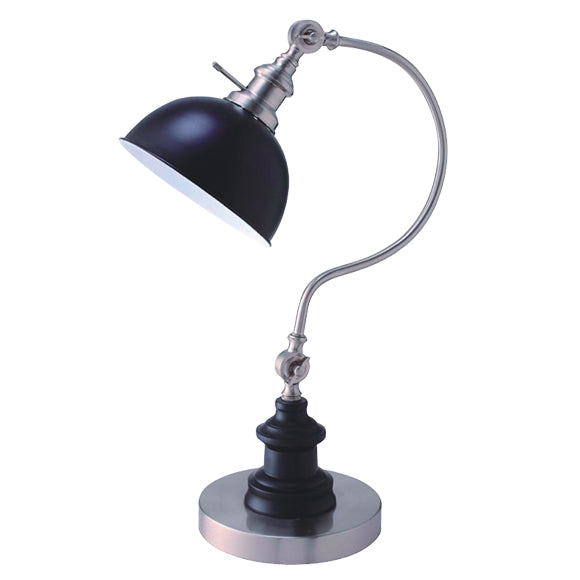 Adjustable black dome desk lamp with brushed nickel finish and dark wood base