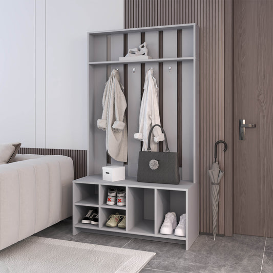 Modern grey entryway organizer with coat hooks shoe storage and a chic handbag