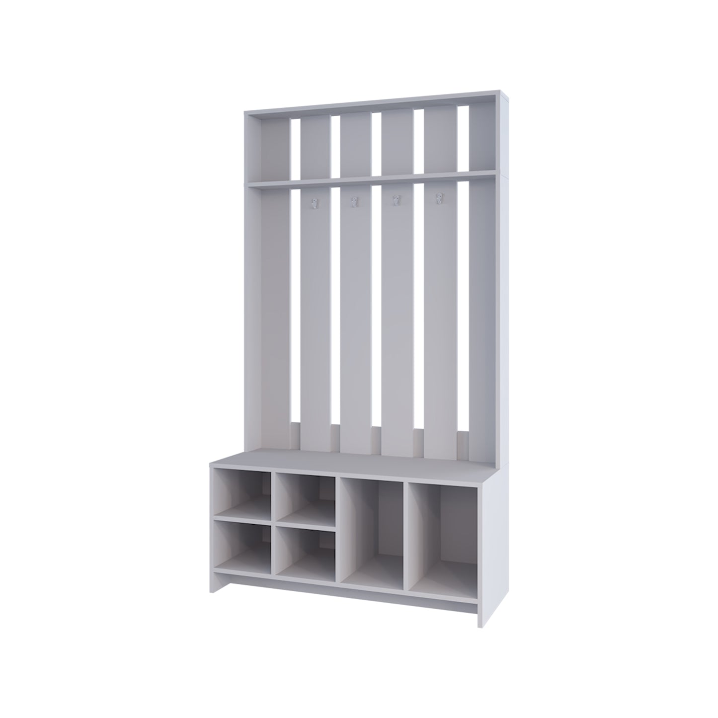 White modern hall tree with shelf bench and cubbies for entryway organization