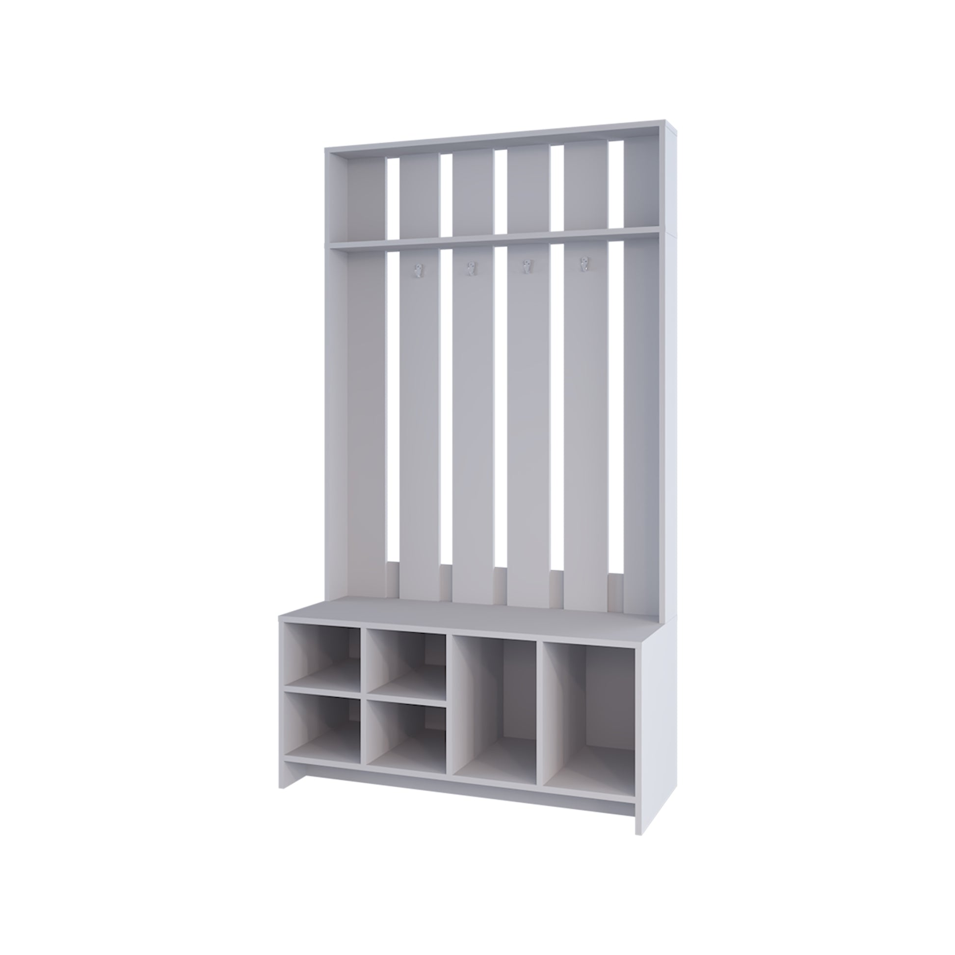 White modern hall tree with shelf bench and cubbies for entryway organization