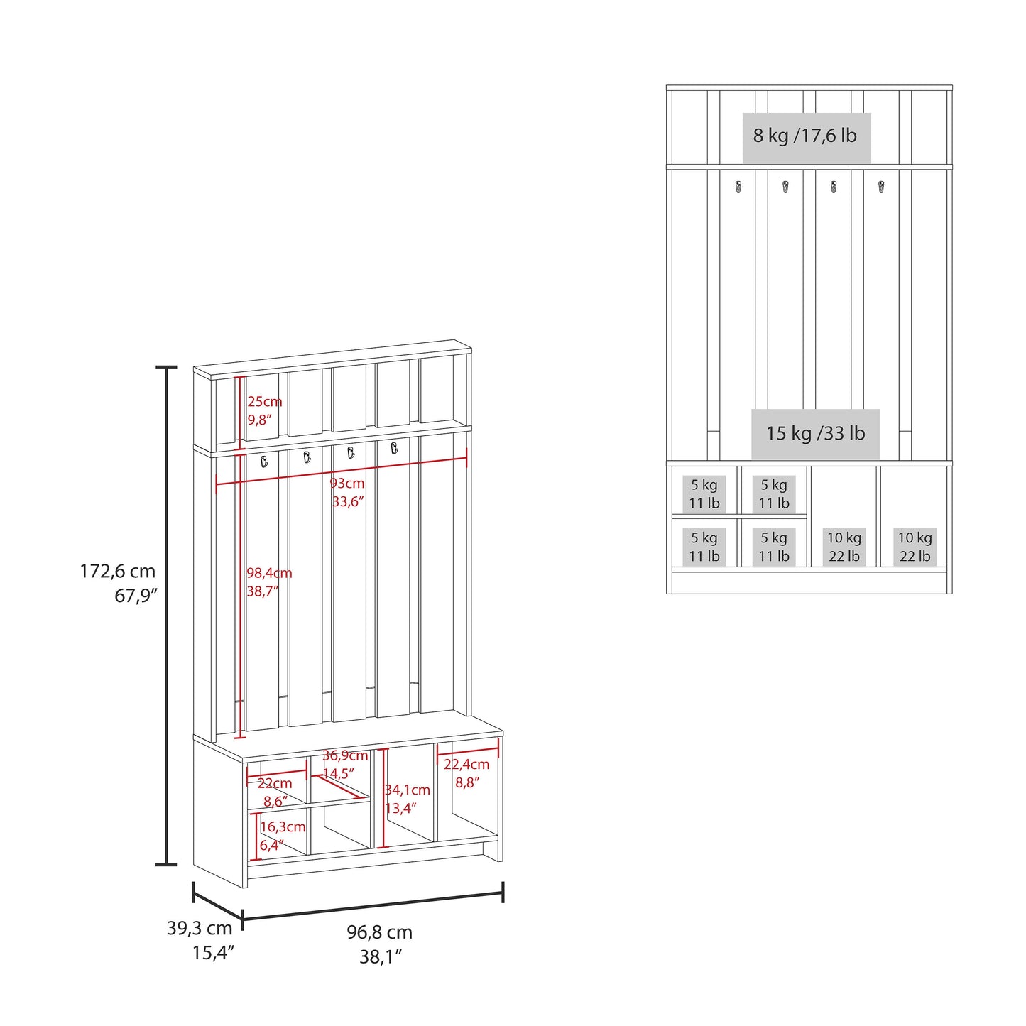 Line drawing of a white hall tree with shelves and hooks cm tall