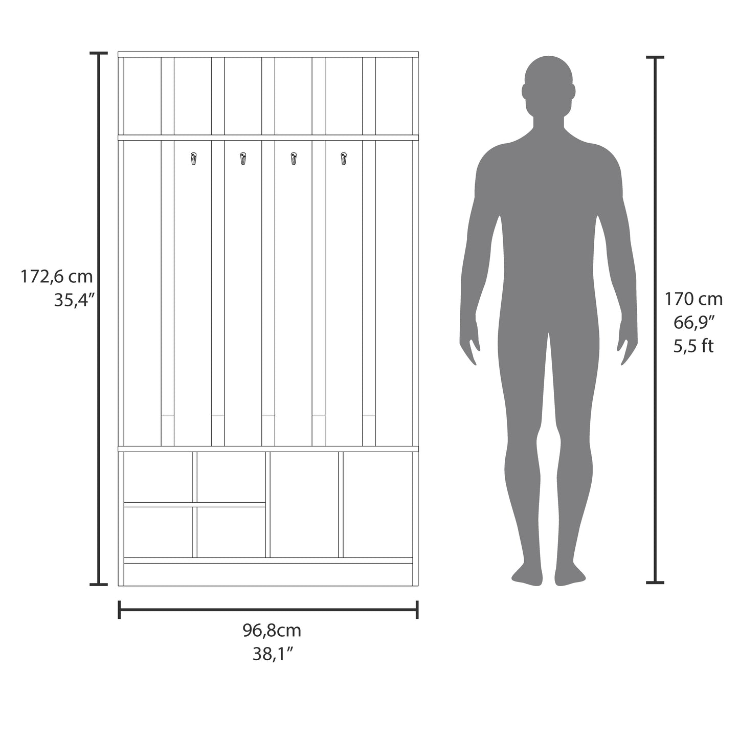 Coat rack with hooks and storage shelves  cm tall