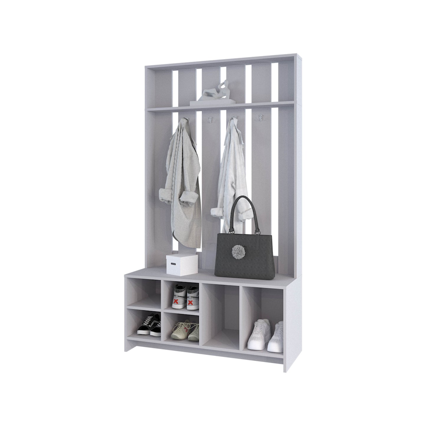 White entryway organizer with coat hooks shoe shelves and a handbag