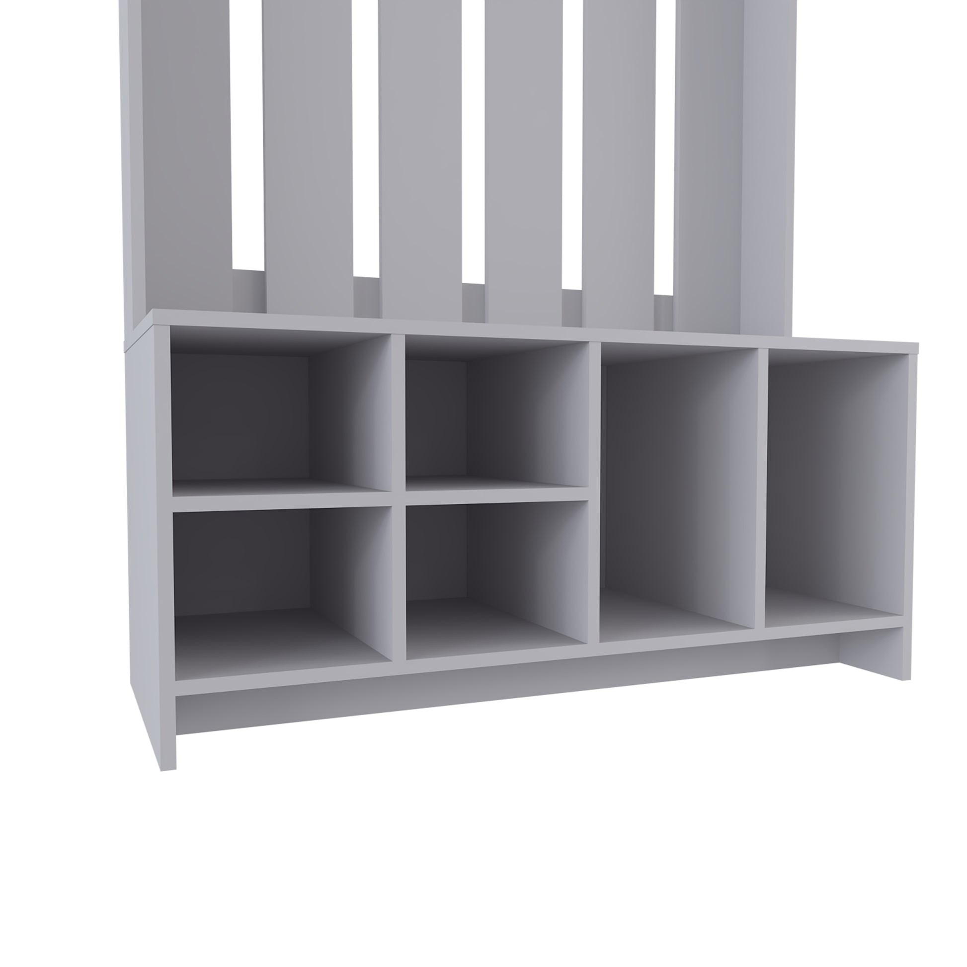 Modern grey cube shelving unit with vertical back panels for entryway organization
