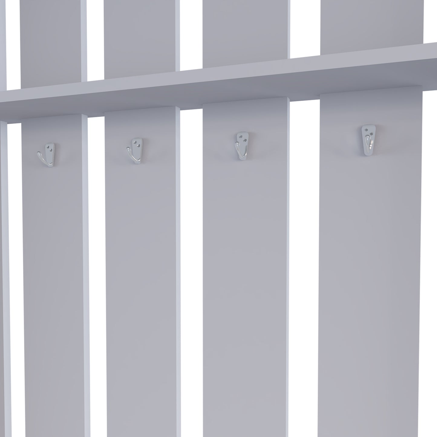 Modern grey entryway coat rack with multiple silver hooks for outerwear storage