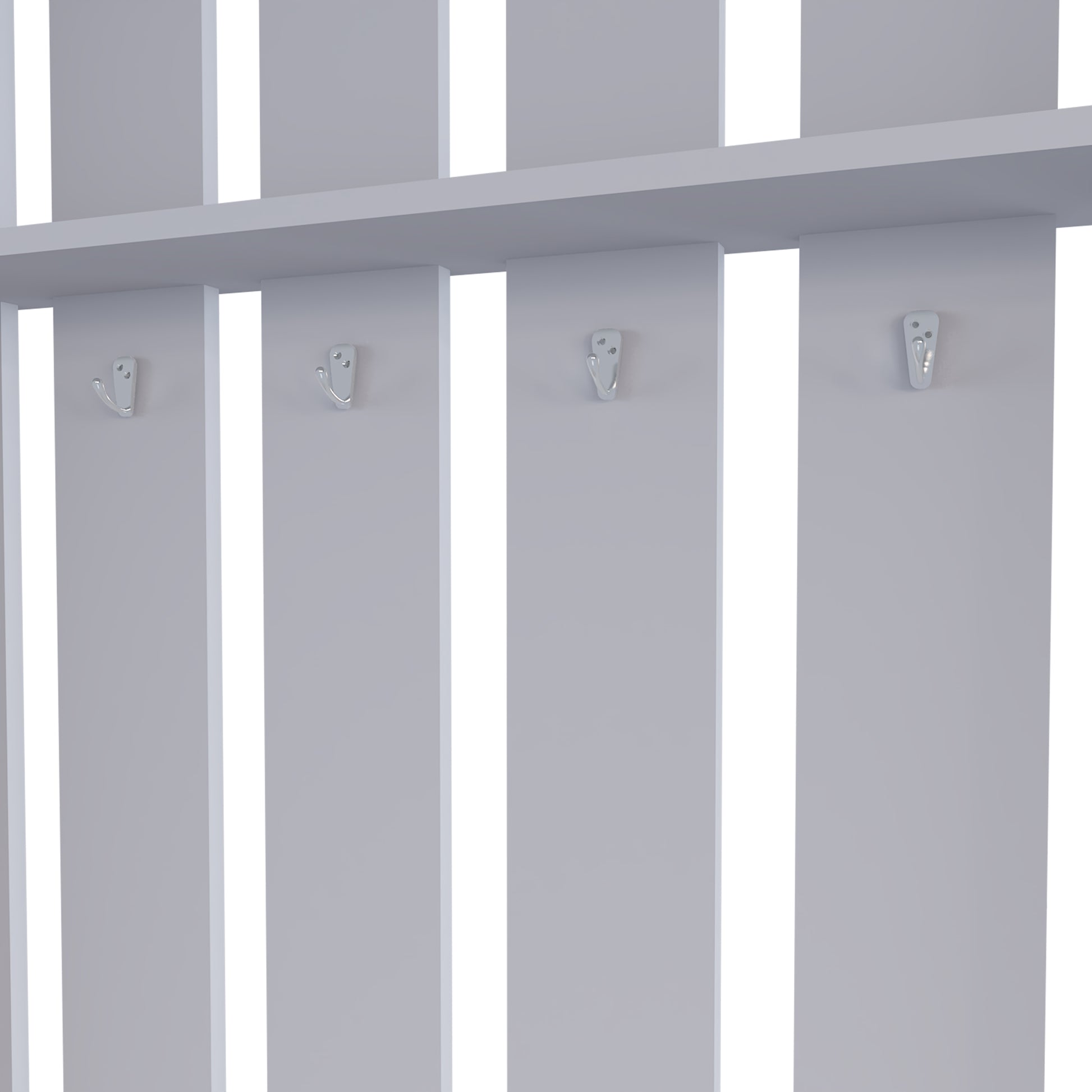 Modern grey entryway coat rack with multiple silver hooks for outerwear storage