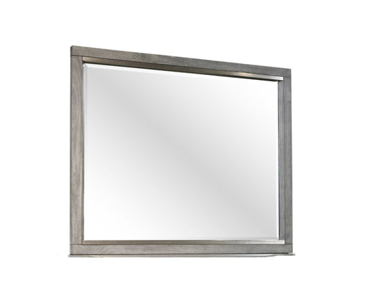 Modern grey wood framed mirror with beveled glass perfect for a vanity