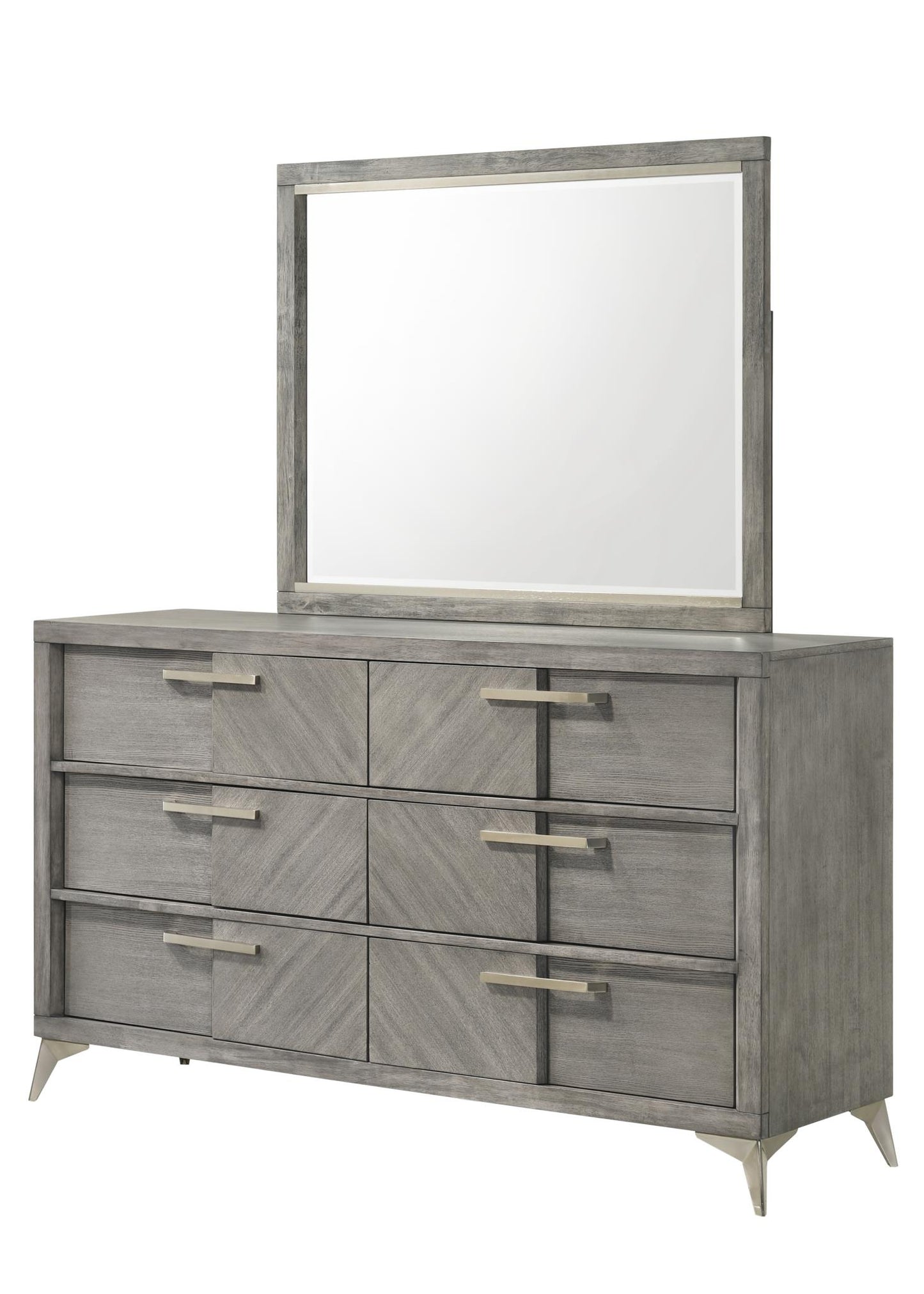 Gray wooden dresser with six drawers and silver handles modern design