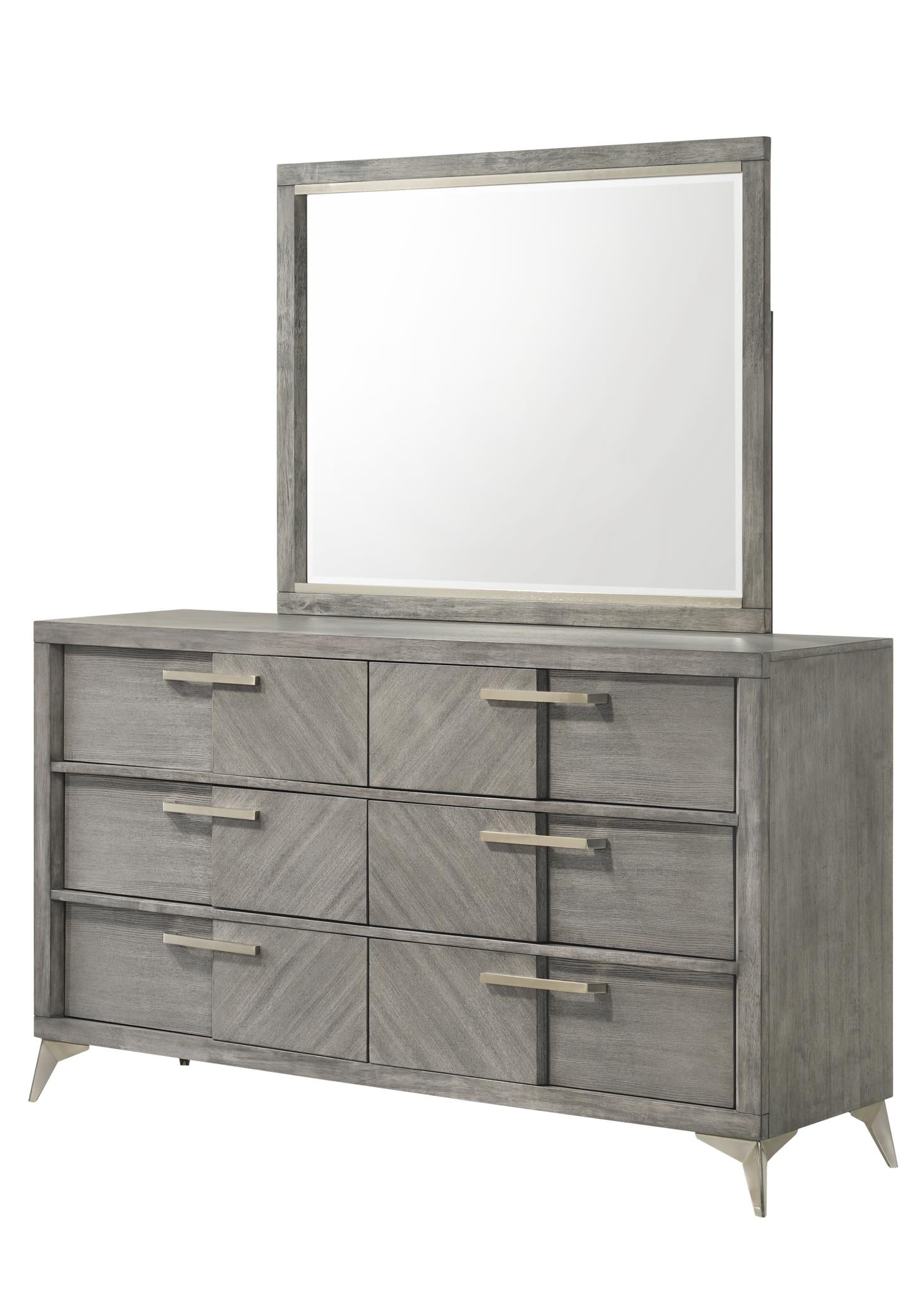 Gray wooden dresser with six drawers and silver handles modern design