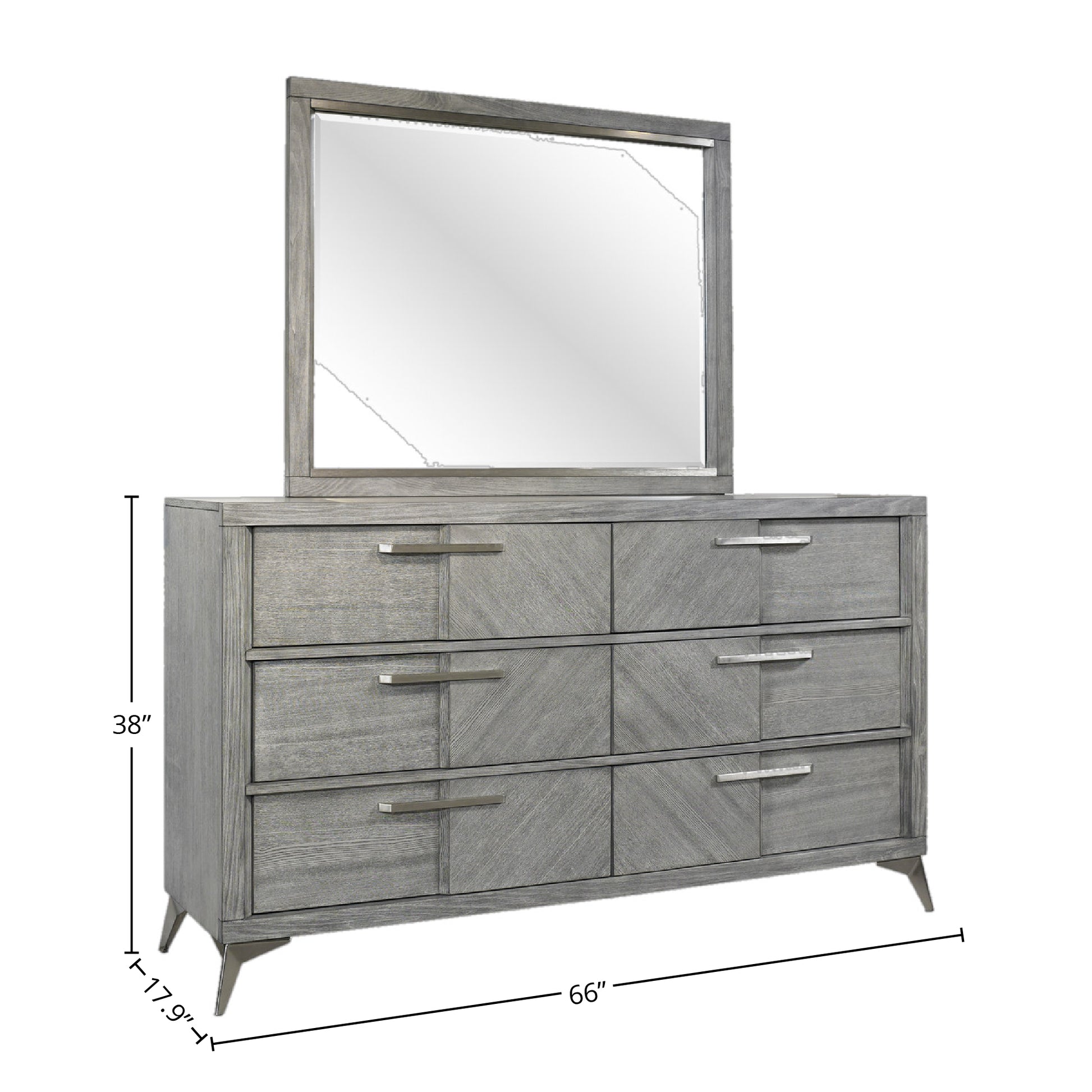 Modern gray wood dresser with six drawers and silver hardware  W x  H