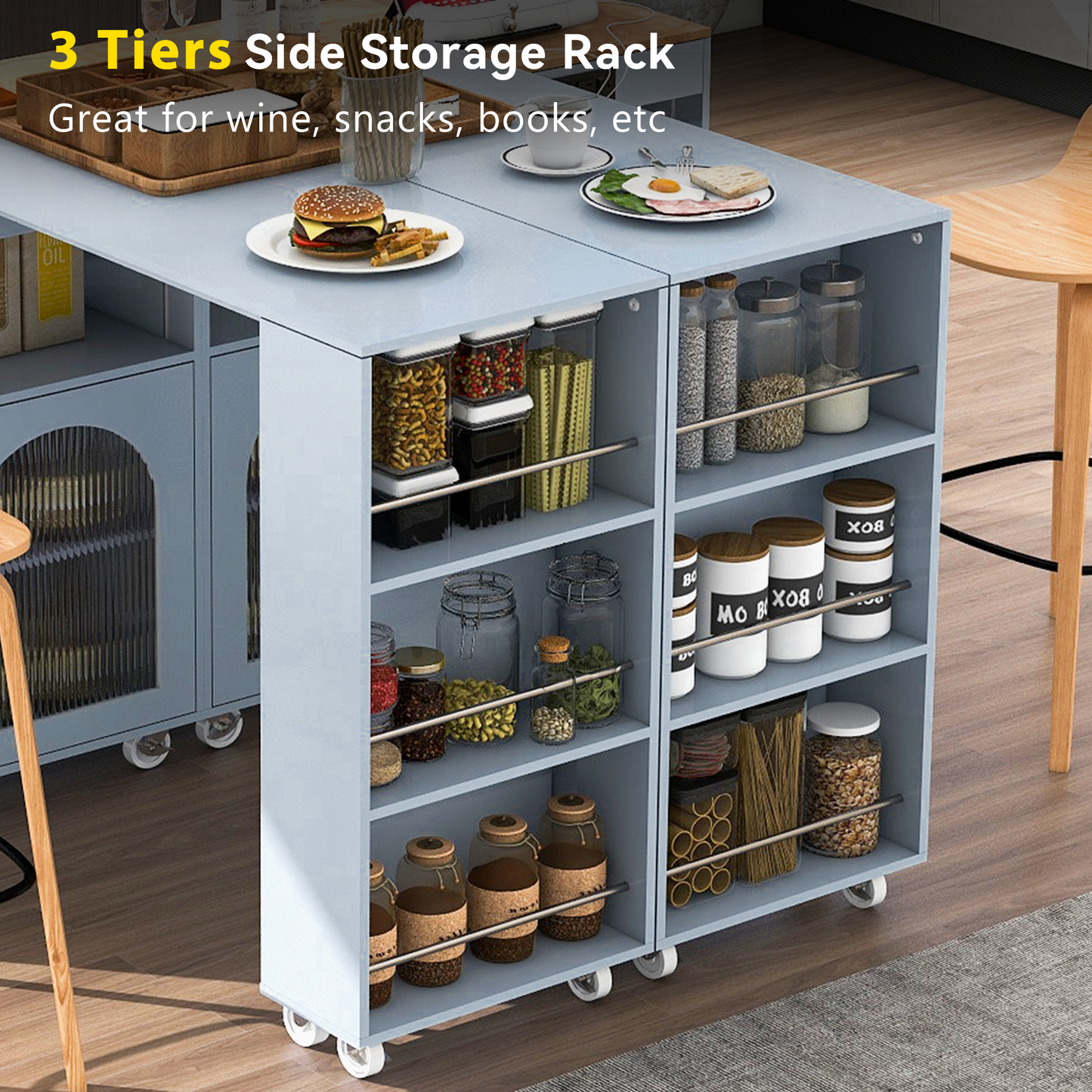 Light blue tier rolling storage rack with pantry items