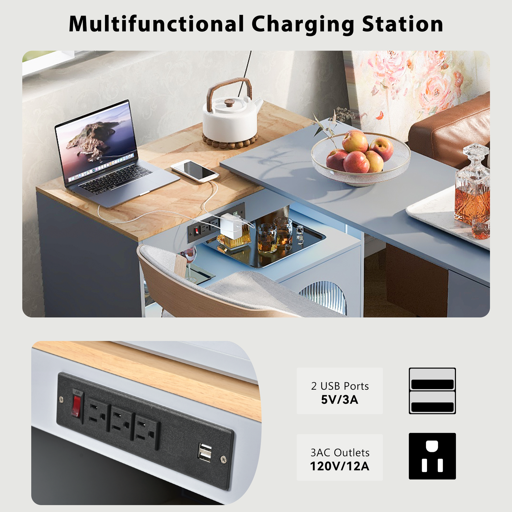 Black power strip with  AC outlets and  USB ports on a wooden desk