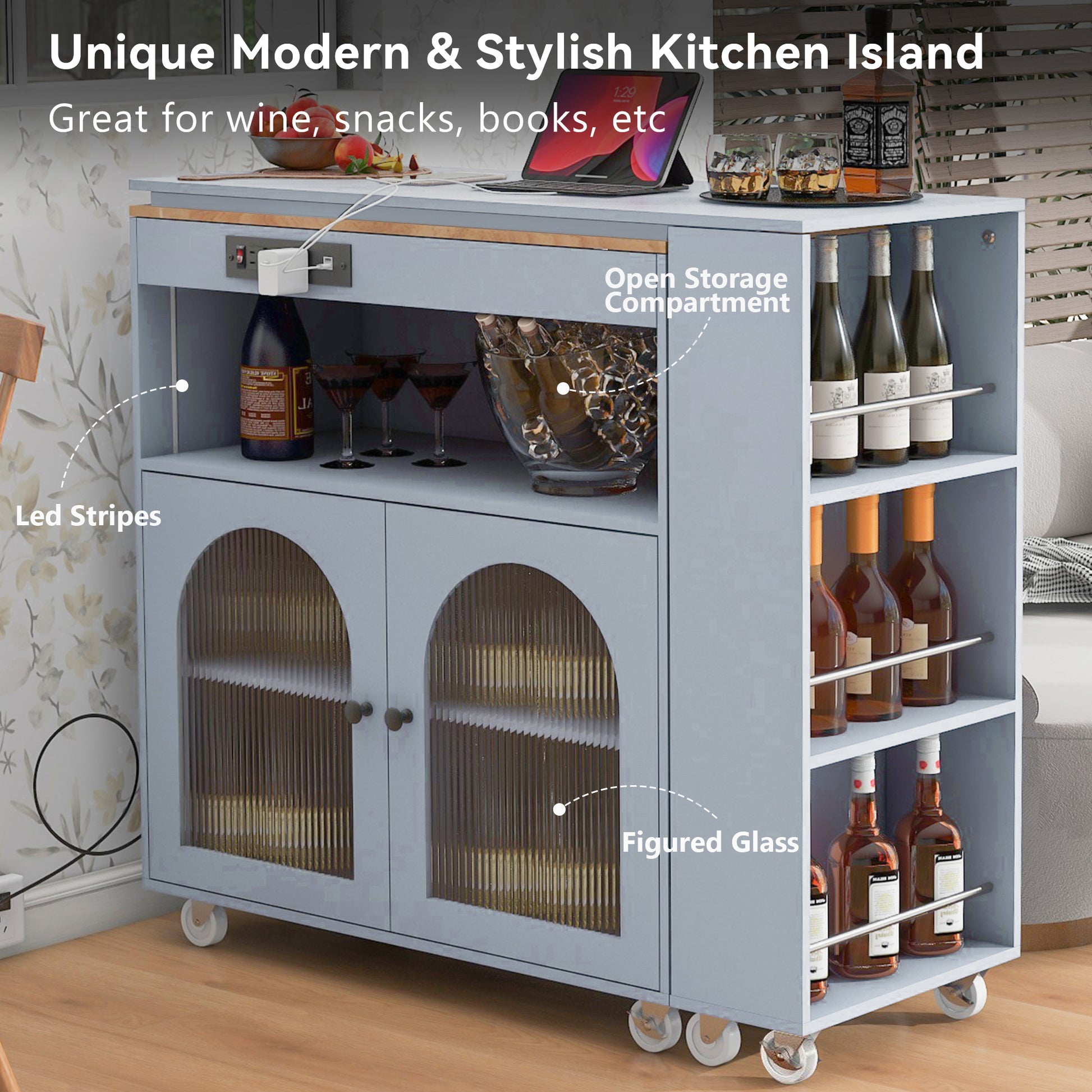 Gray kitchen island with wine storage and open compartment