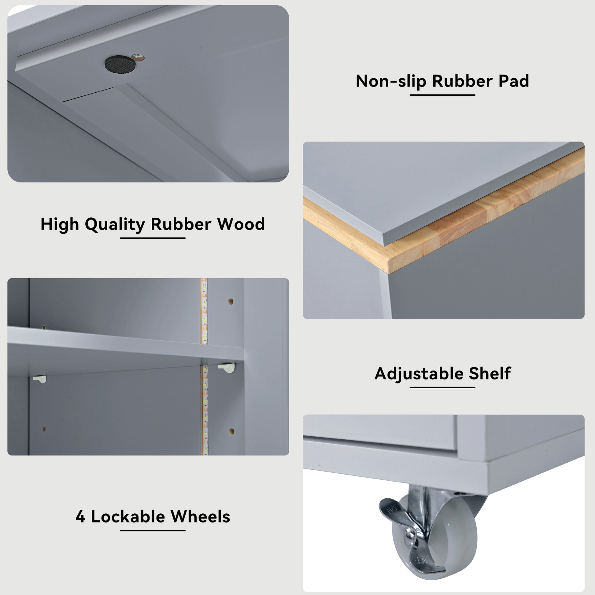 Closeup of a grey rolling kitchen island with a nonslip rubber pad