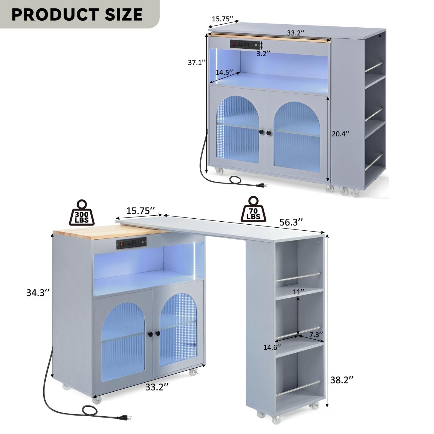 Gray kitchen cart with LED lights and builtin power outlet