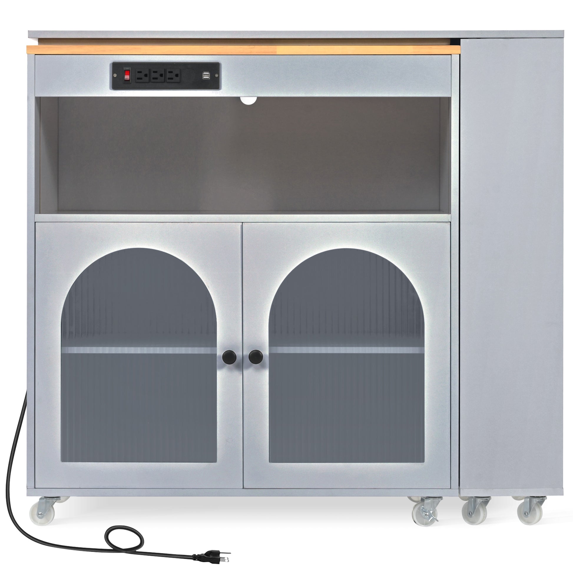 Gray rolling kitchen cart with arched glass doors and integrated power outlet