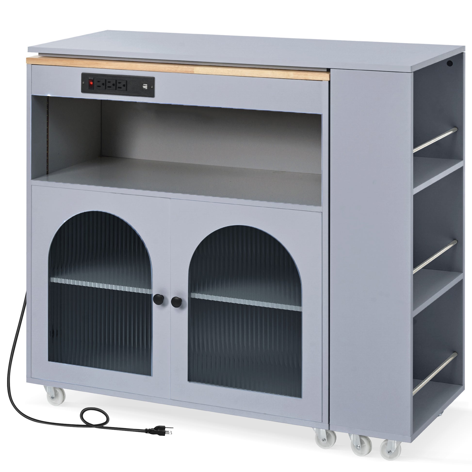 Grey kitchen island cart with builtin outlets and arched glass doors