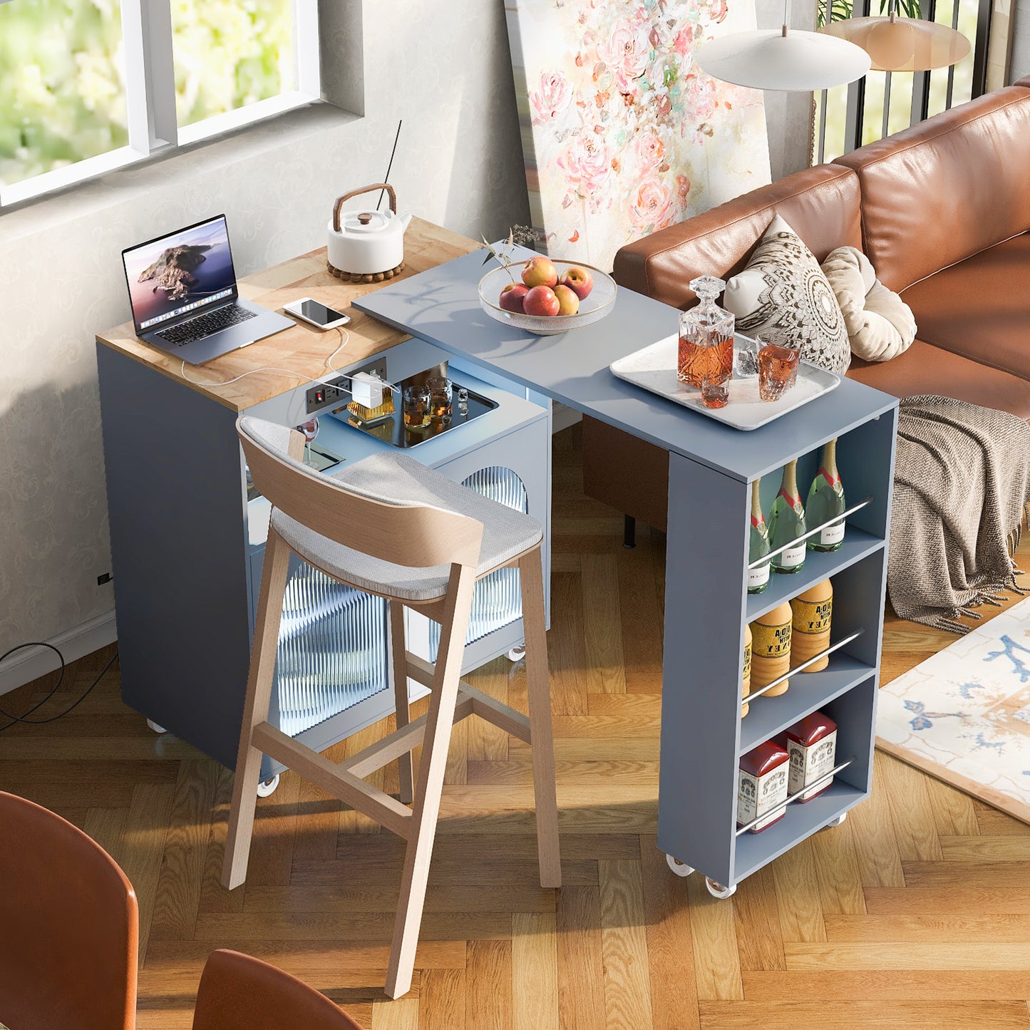 Compact kitchen bar cart with wine rack and integrated workspace