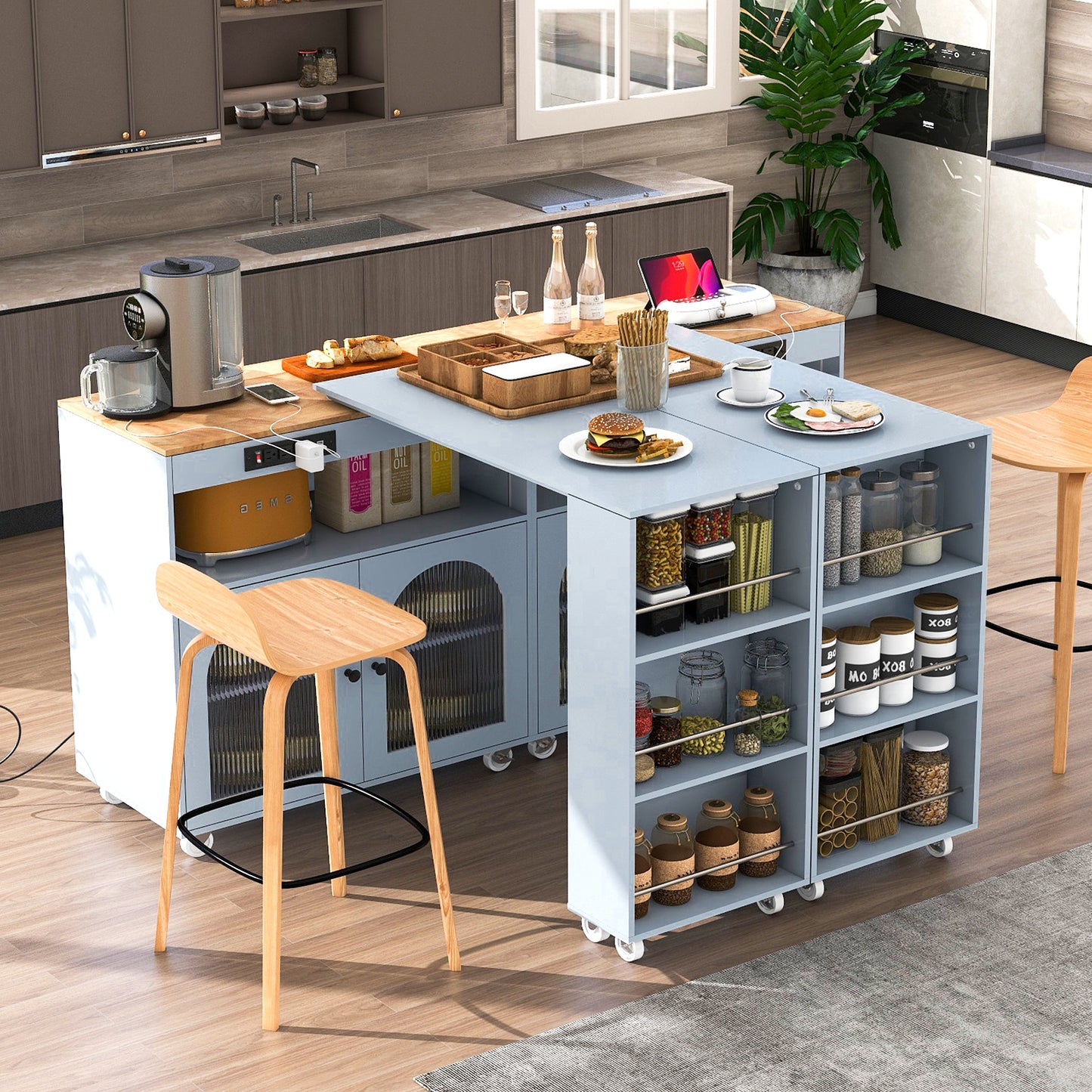 Modern light blue kitchen island cart with rolling storage shelves filled with jars