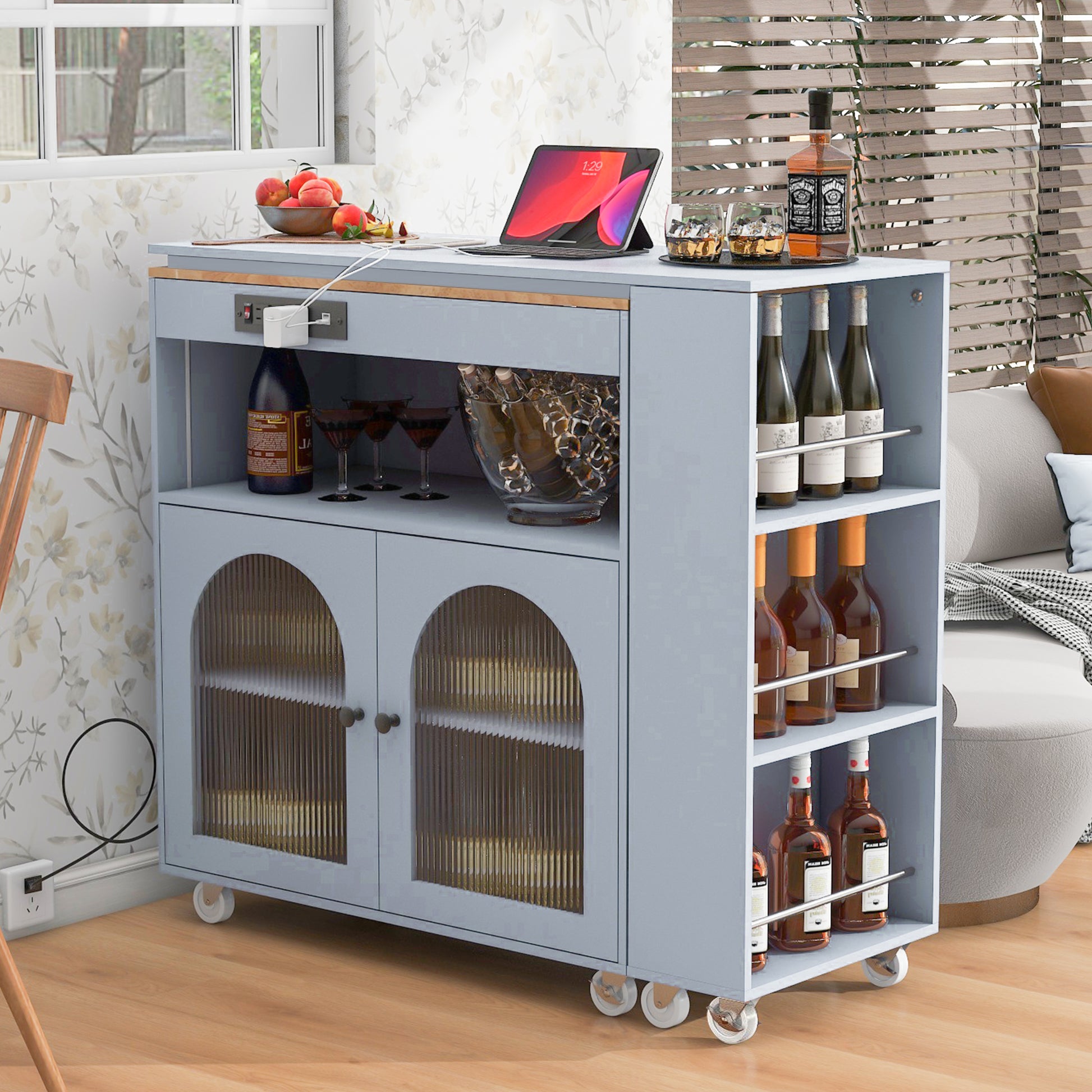 Light blue kitchen cart with wine storage and glass cabinet doors