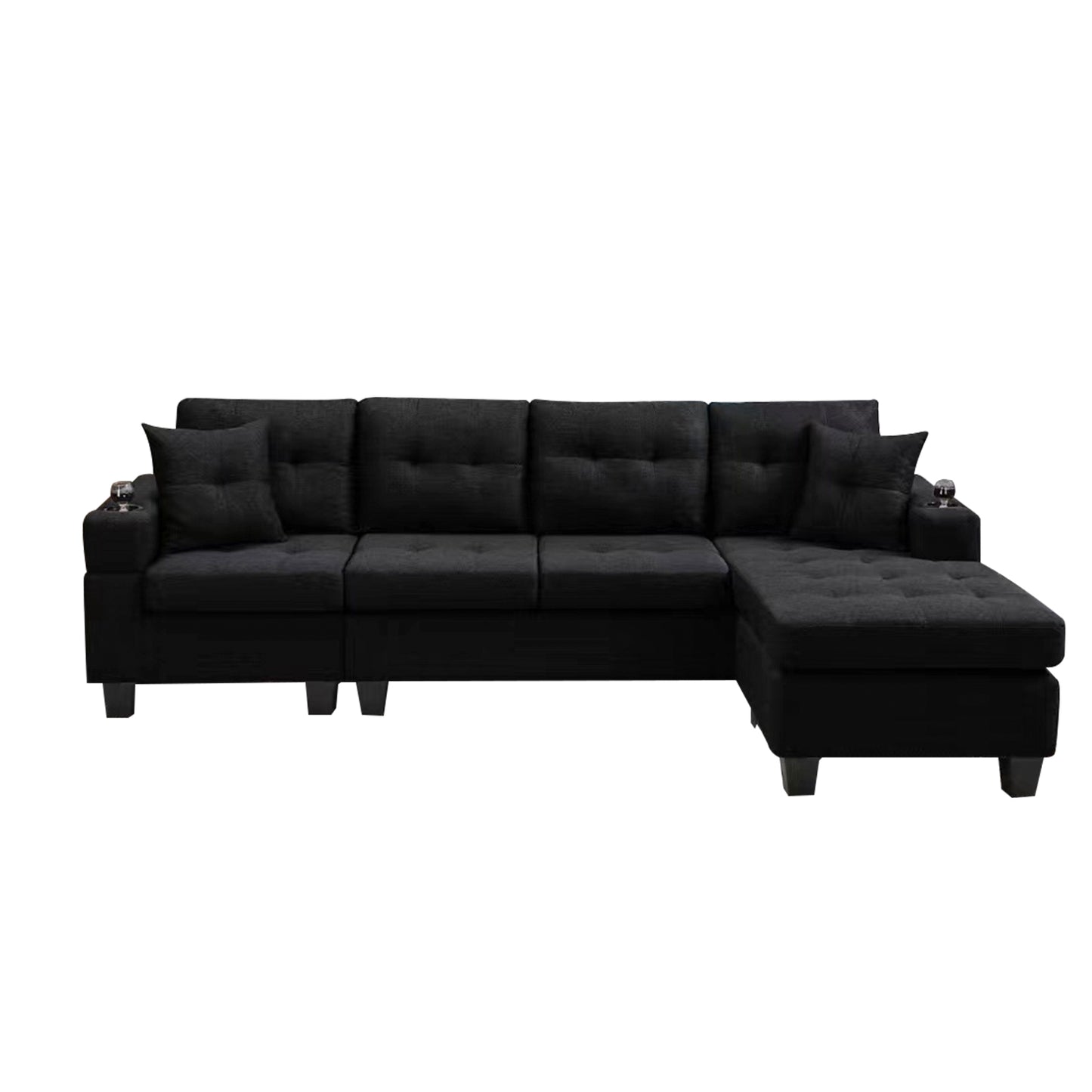 Black tufted sectional sofa with chaise lounge and integrated cup holders