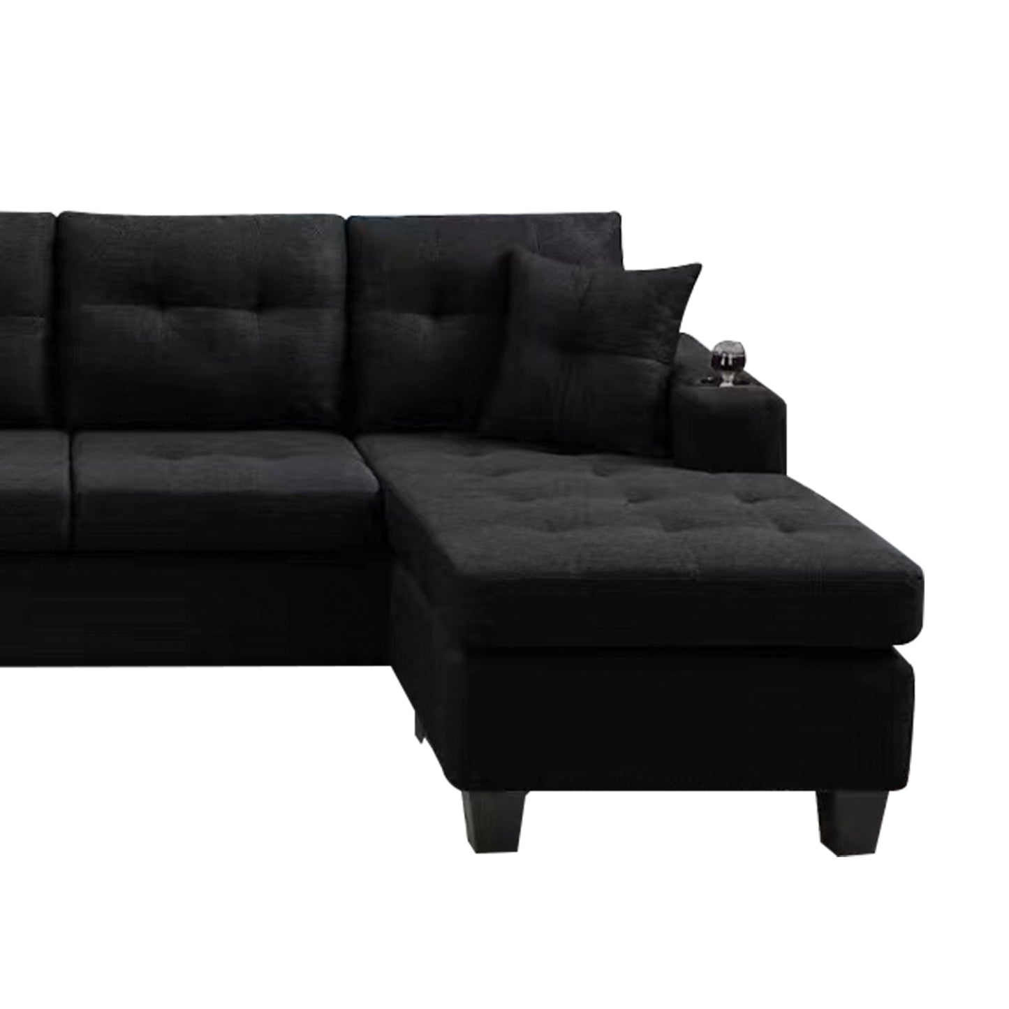 Black tufted sectional sofa with chaise and builtin cup holder