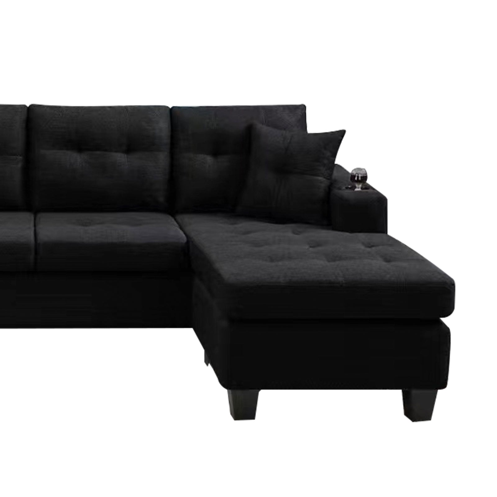 Black tufted sectional sofa with chaise and builtin cup holder