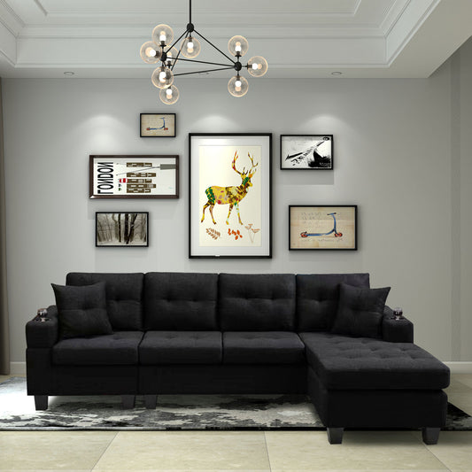 Tufted black fabric sectional sofa with chaise lounge
